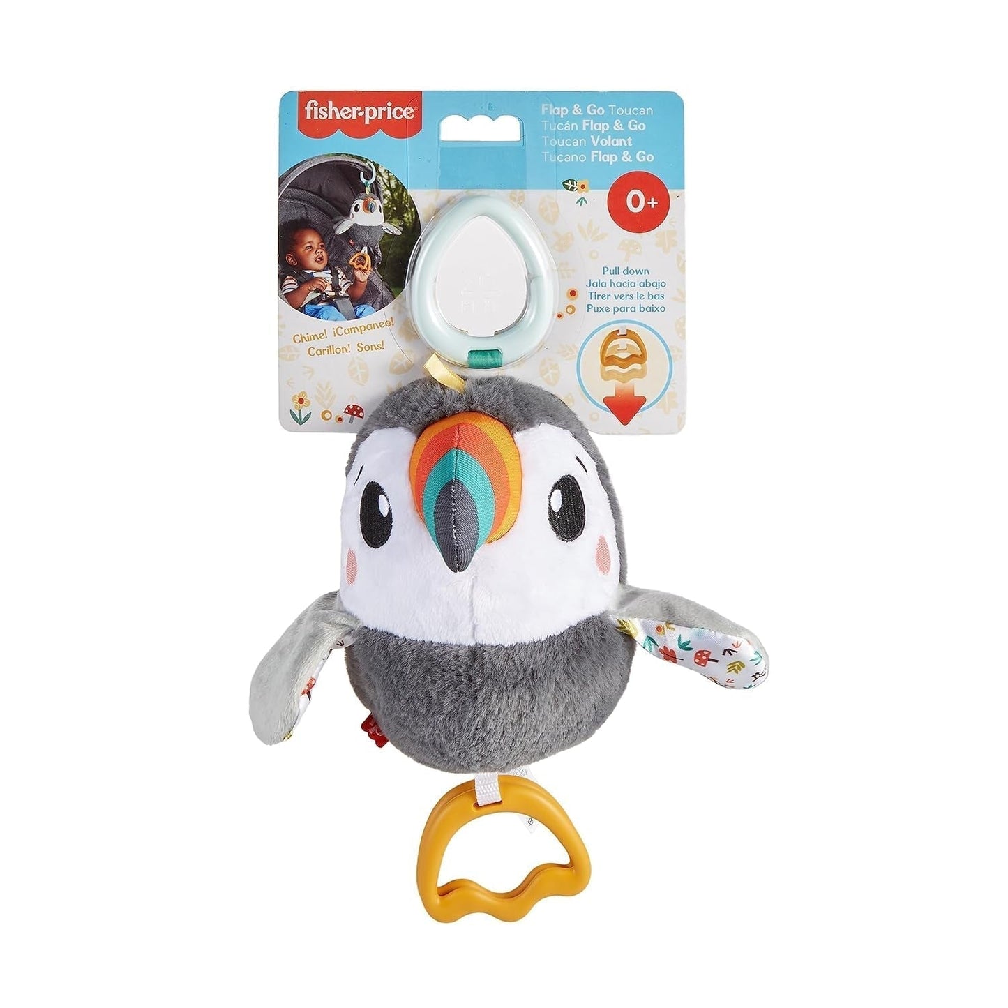 FISHER-PRICE Flap & Go Toucan – Kinderwagen-Plüschspielzeug fördert Feinmotorik und sensorische Fähigkeiten für Neugeborene ab der Geburt HNX66 Babyspielzeug Naty Shop
