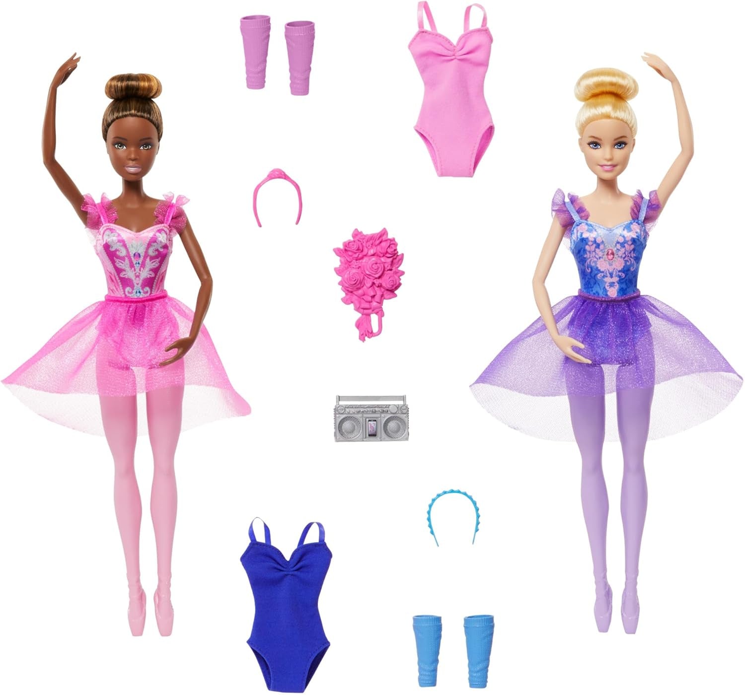 Barbie Ballettstudio Set mit 2 Puppen und 9 Zubehörteilen, blonde und brünette Ballerina-Modepuppen mit aussietzem Outfit und zum Tanzmotto passenden Teilen, HXC37, [Mehrfarbig]