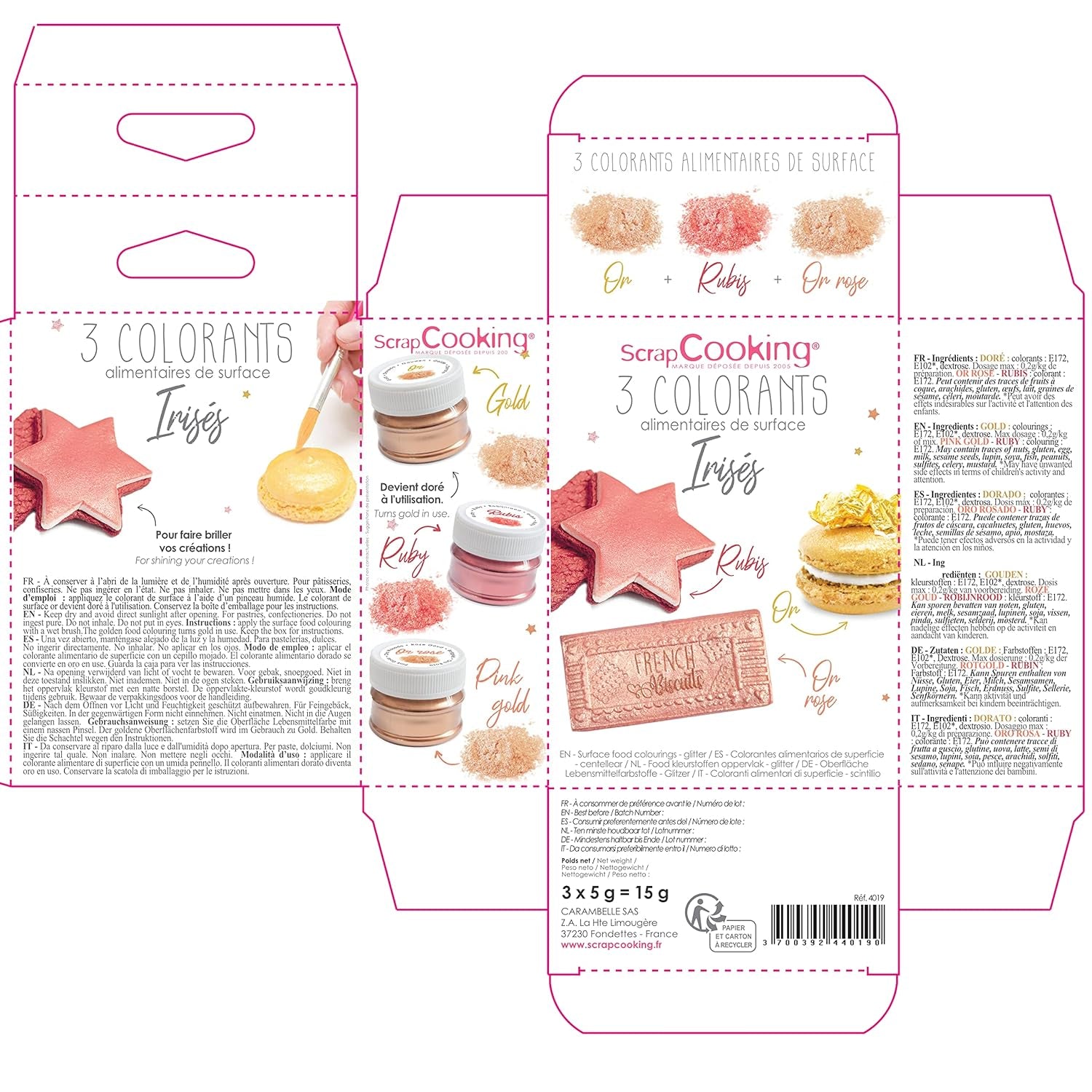 Scrapcooking – Set mit 3 metallischen Lebensmittelfarben – Lebensmittelfarbe: Gold, Roségold und Rubin – essbare Lebensmittelfarbe zum Backen, Kuchen, Kekse, Kuchen, Schokolade – 4019