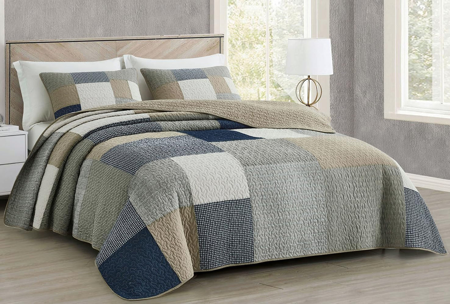 Chezmoi Collection Addy Patchwork-Steppdecken-Set, vorgewaschene Baumwolle, leicht, wendbar, für alle Jahreszeiten, übergroß, 3-teilig, Marineblau, Weiß, Grau, Taupe, karierte Steppdecken und Steppdecken Naty Shop Plaid Patchwork Taupe Twin