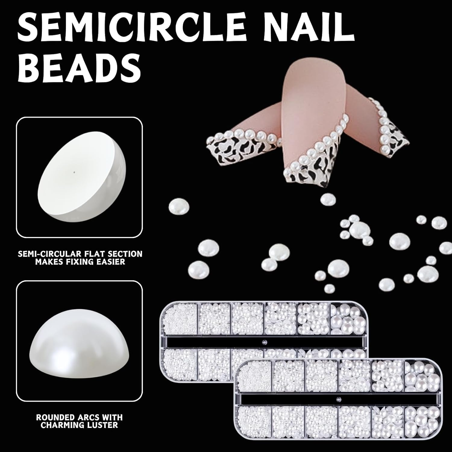 12 Größen Nail Art Perlen, Flache Perlen, Nail Art Accessoires, Halbkreis Nagelperlen, Weiße Nail Charms Und Glitzersteine ​​​​Nägel Für Nail Art Design, DIY Basteln, Alltag, Hochzeit (2 Boxen)