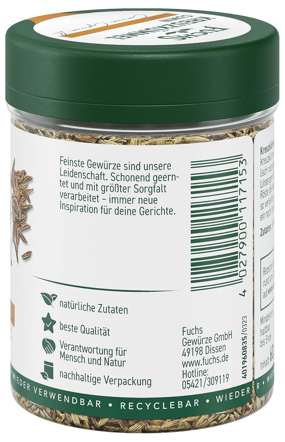 Fuchs Gewürze - Kreuzkümmel ganz - orientalisch-nussige Note für Falafel und Linsengerichte - natürliche Zutaten - 60 g in wiederverwendbarer, recyclebarer Dose