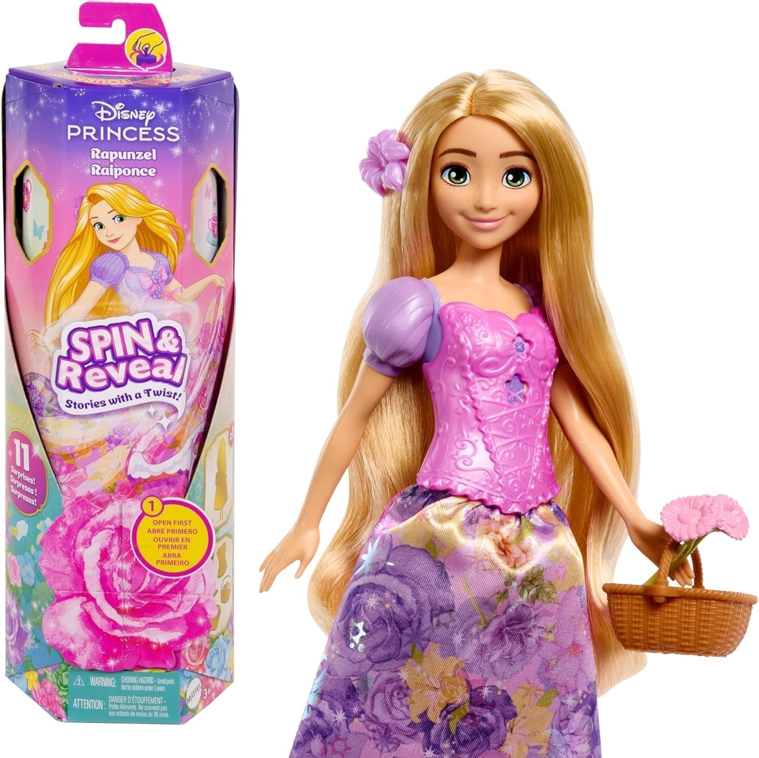 Mattel Disney Die Eiskönigin Elsa Modepuppen-Set, Spin & Reveal mit 11 Überraschungen, darunter 5 Accessoires, 5 Aufkleber und eine Spielszene, inspiriert vom Disney-Film, HTG25 Dolls Naty Shop Rapunzel Modepuppen-Set
