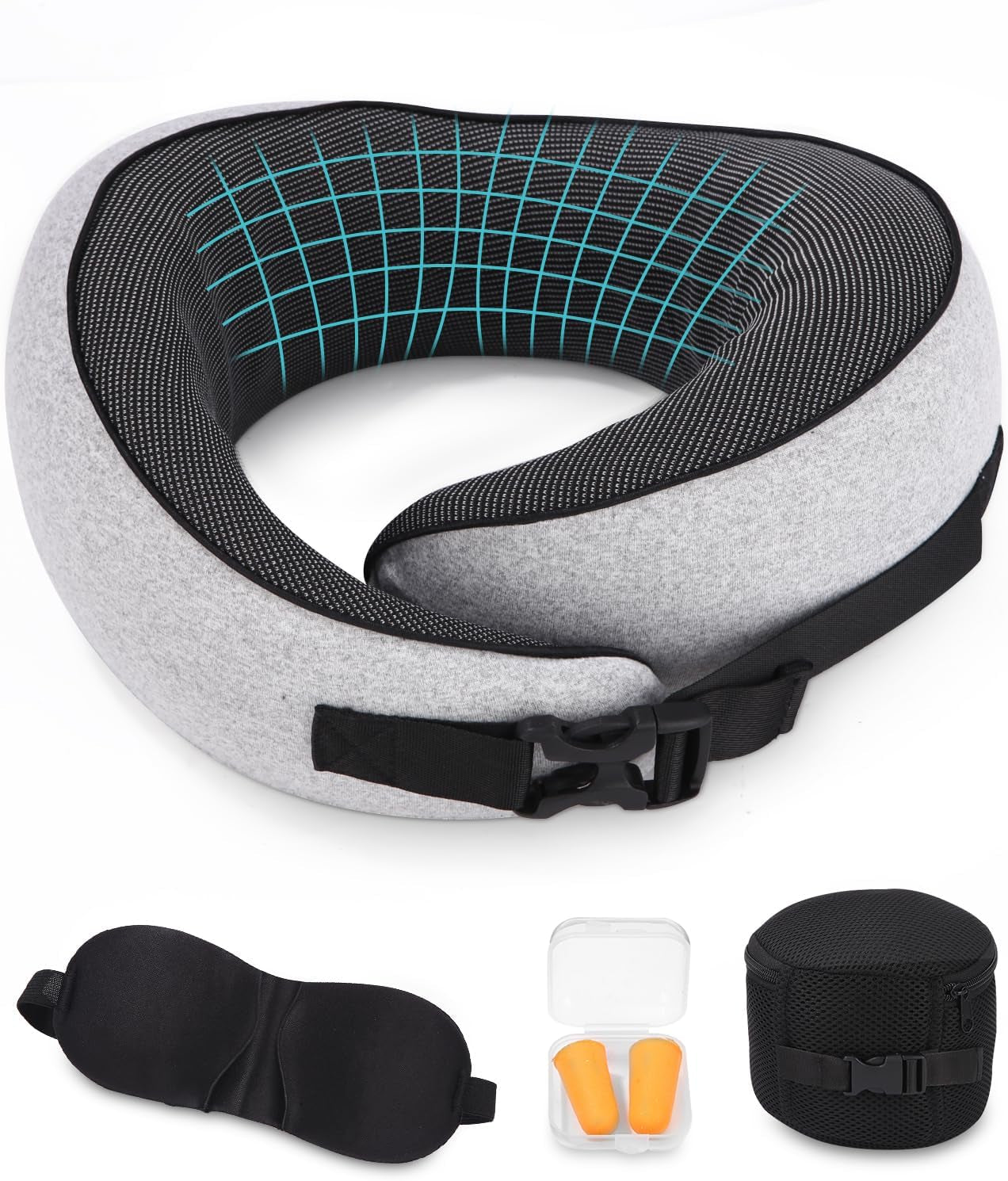 Flugzeug-Nackenkissen, Memory-Schaum-Reisekissen, Nackenkissen für Erwachsene, verstellbares waschbares Flugzeugkissen, ergonomisches Reisekissen (grau). Orthopädische Halskissen von Naty Shop, Grau