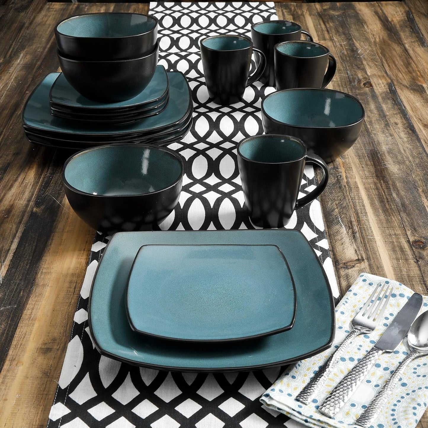 Gibson 99813.16R Elite Soho Lounge Reactive Glaze 4-Personen-Geschirrset, 16-teilig, Blau-Grün/Schwarz-Zweitoneffekt