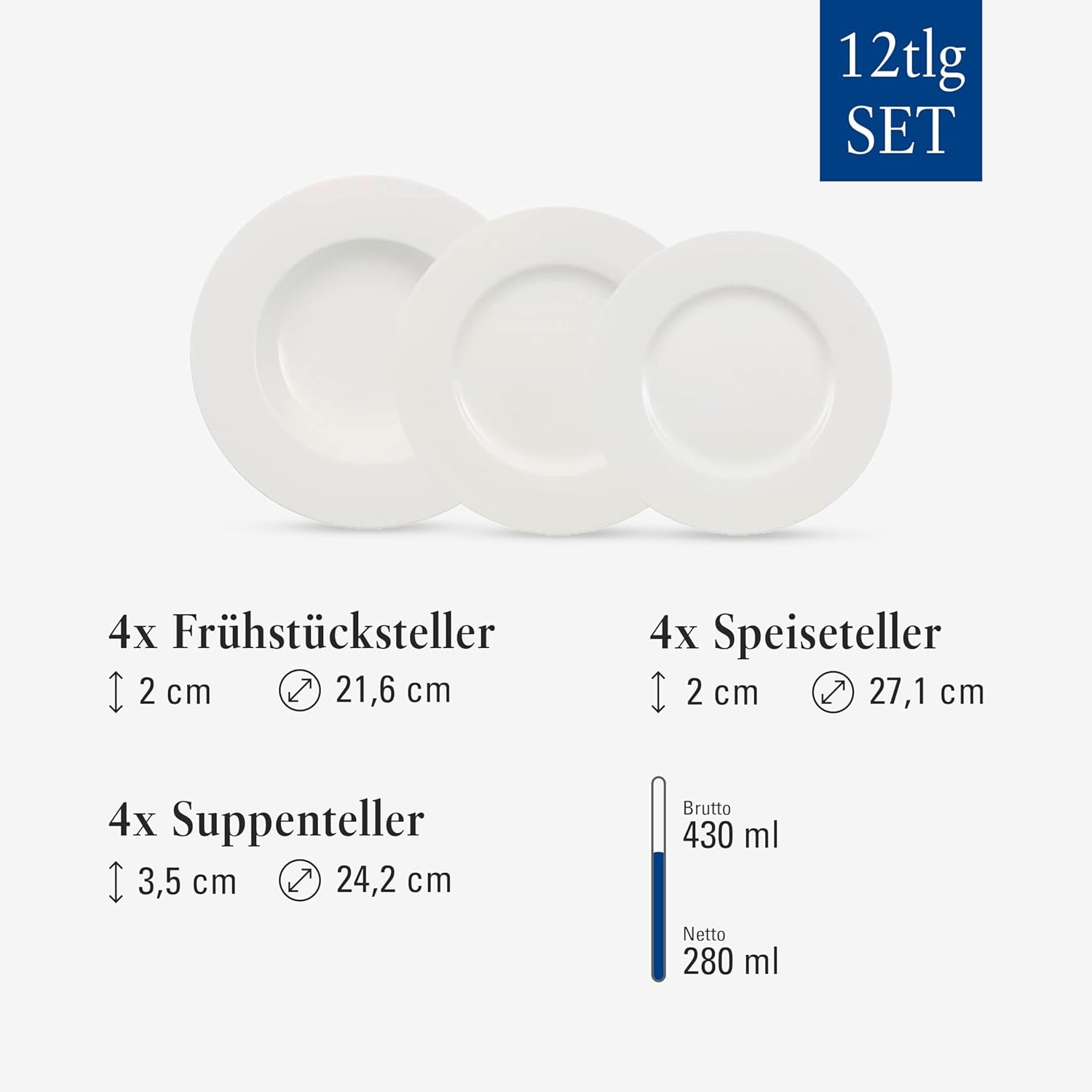 Villeroy & Boch Wonderful World 12-teiliges Geschirrset, spülmaschinen- und mikrowellengeeignet, weiß, Teller, Geschirr, Porzellan, Speiseteller, Set, modernes Geschirrset, Premium-Porzellan