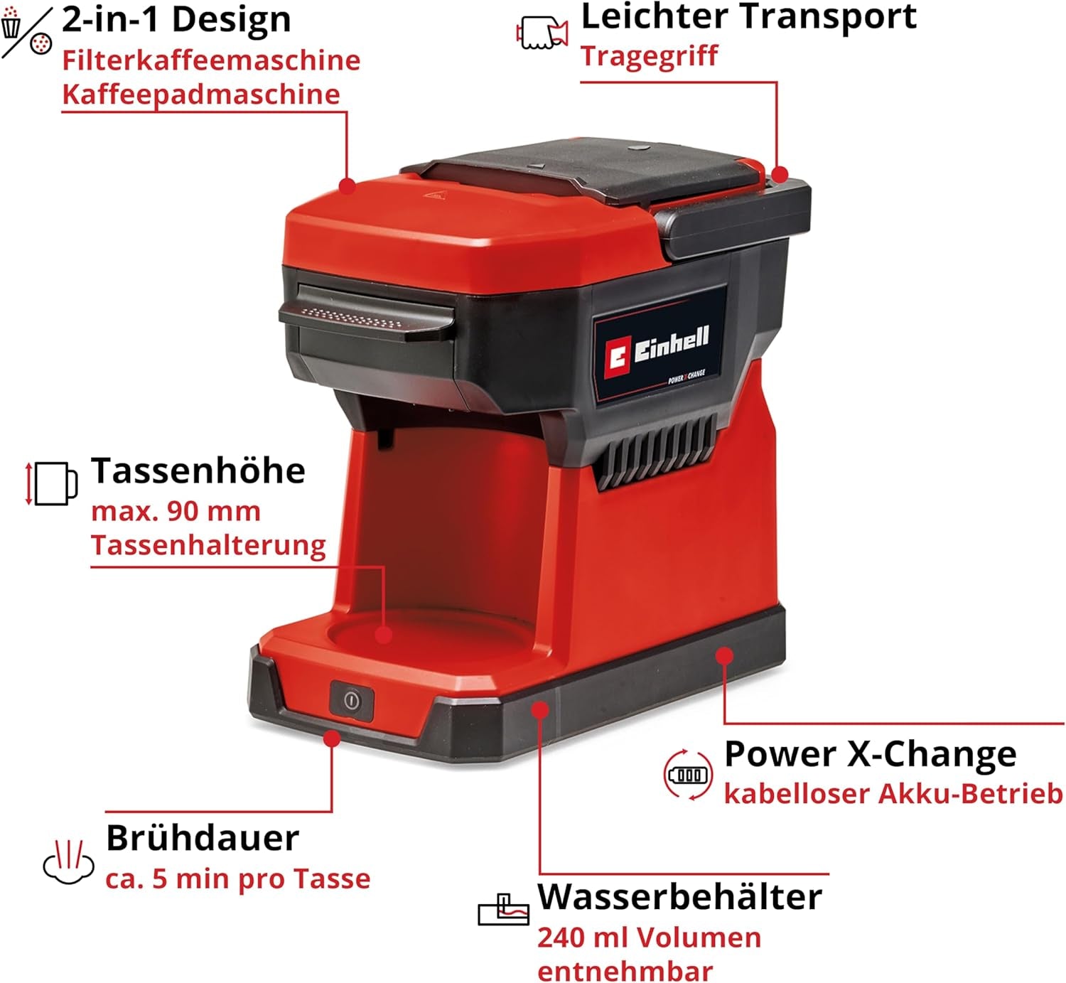 Akku-Espressomaschine Einhell TE-CF 18 Li-Solo Power X-Change (18 V, 240 ml Wassertank, für Filterkaffee und Kaffeekapseln, Tragegriff, inkl. Kaffeebecher mit Deckel, ohne Akku)