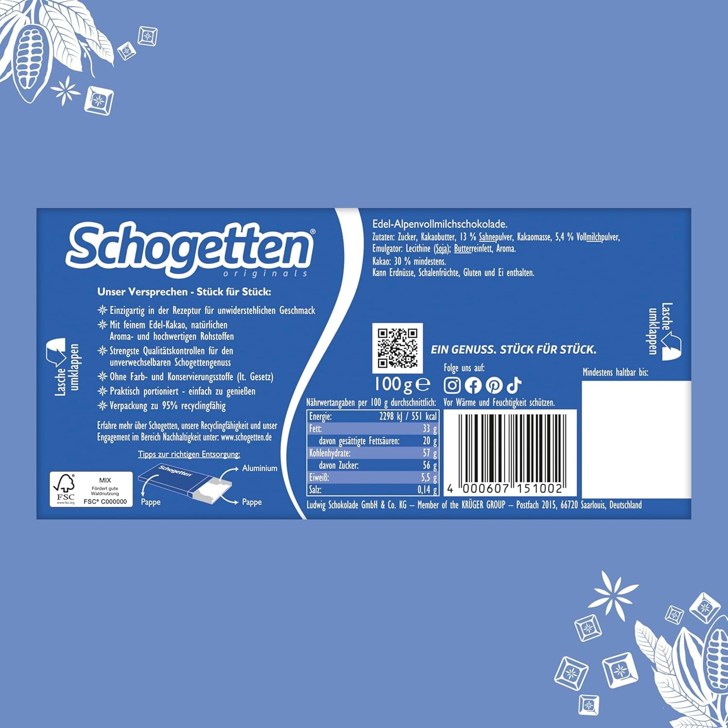 Schogetten Premium Alpenmilch Schokoladentafel, 100g, einzeln portioniert. Eine Freude. Stück für Stück.