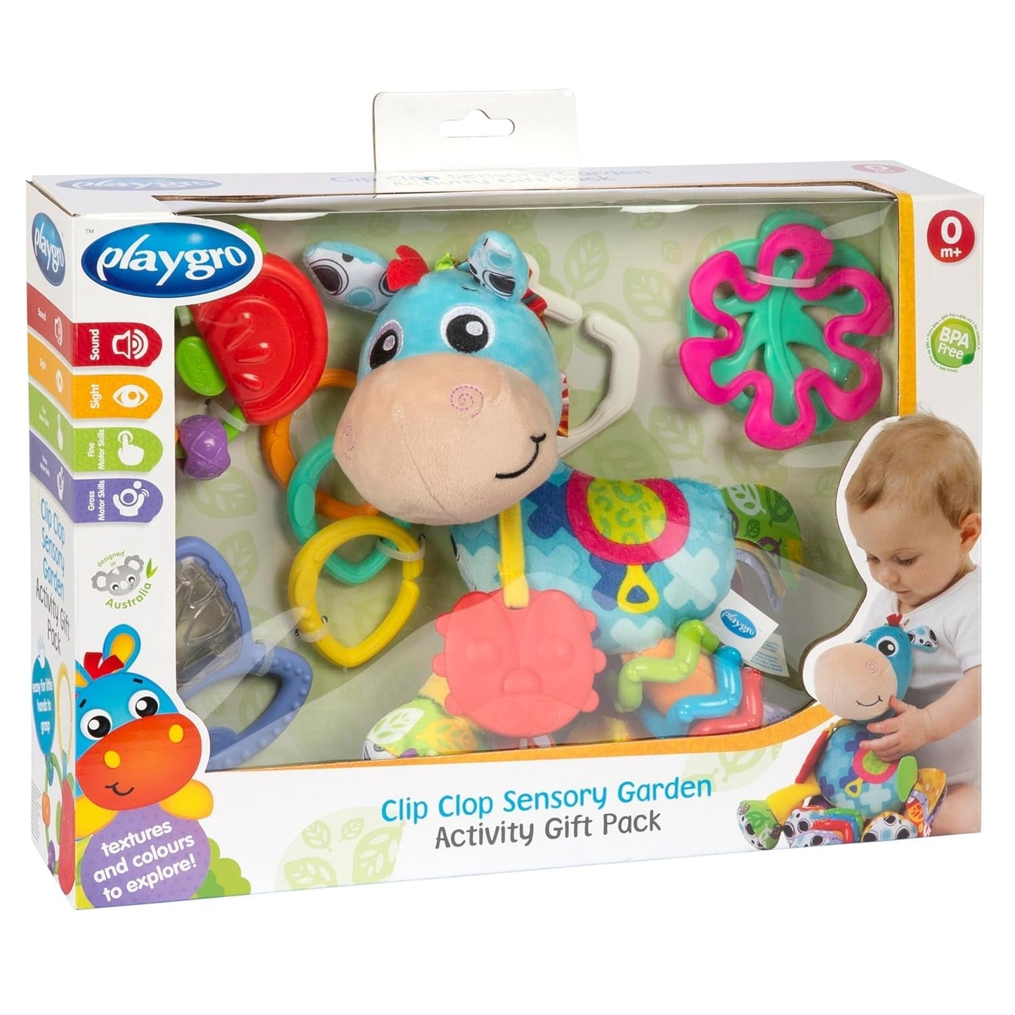 Playgro Clip Clop Sensory Garden Activity Geschenkpaket – Sensorisches Gartenspielzeug für Babys ab 0 Monaten – Interaktives Spielzeug mit Rasseln, Beißring und Kinderwagenfreund – 4 Stück