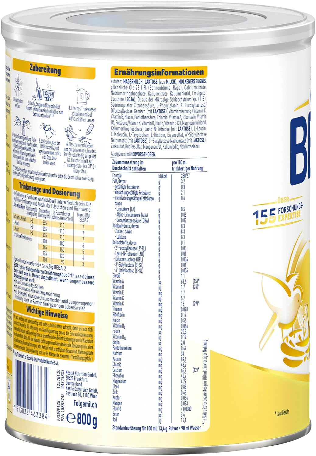 BEBA 2 - Folgemilch nach 6 Monaten, mit 5 HMO-Komplex, altersgerechter Proteingehalt, laktosefrei, palmölfrei, fischölfrei, Babynahrung, Babymilchpulver, 3er Pack (3 x 800g)