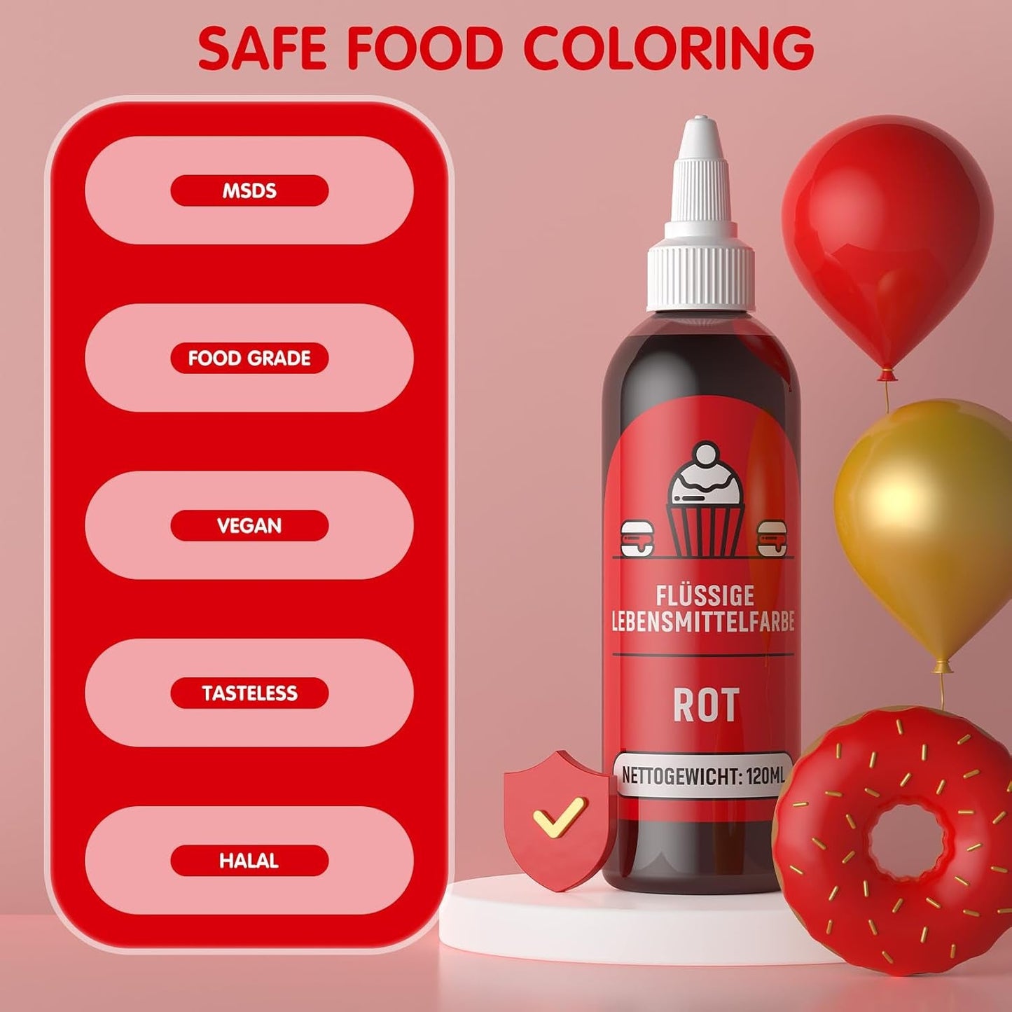 Rote Lebensmittelfarbe 120 ml, hochkonzentrierte und zuckerfreie flüssige Lebensmittelfarbe zum Backen, Kuchen, Makronen, Glasur, Fondant, Kekse, Donuts