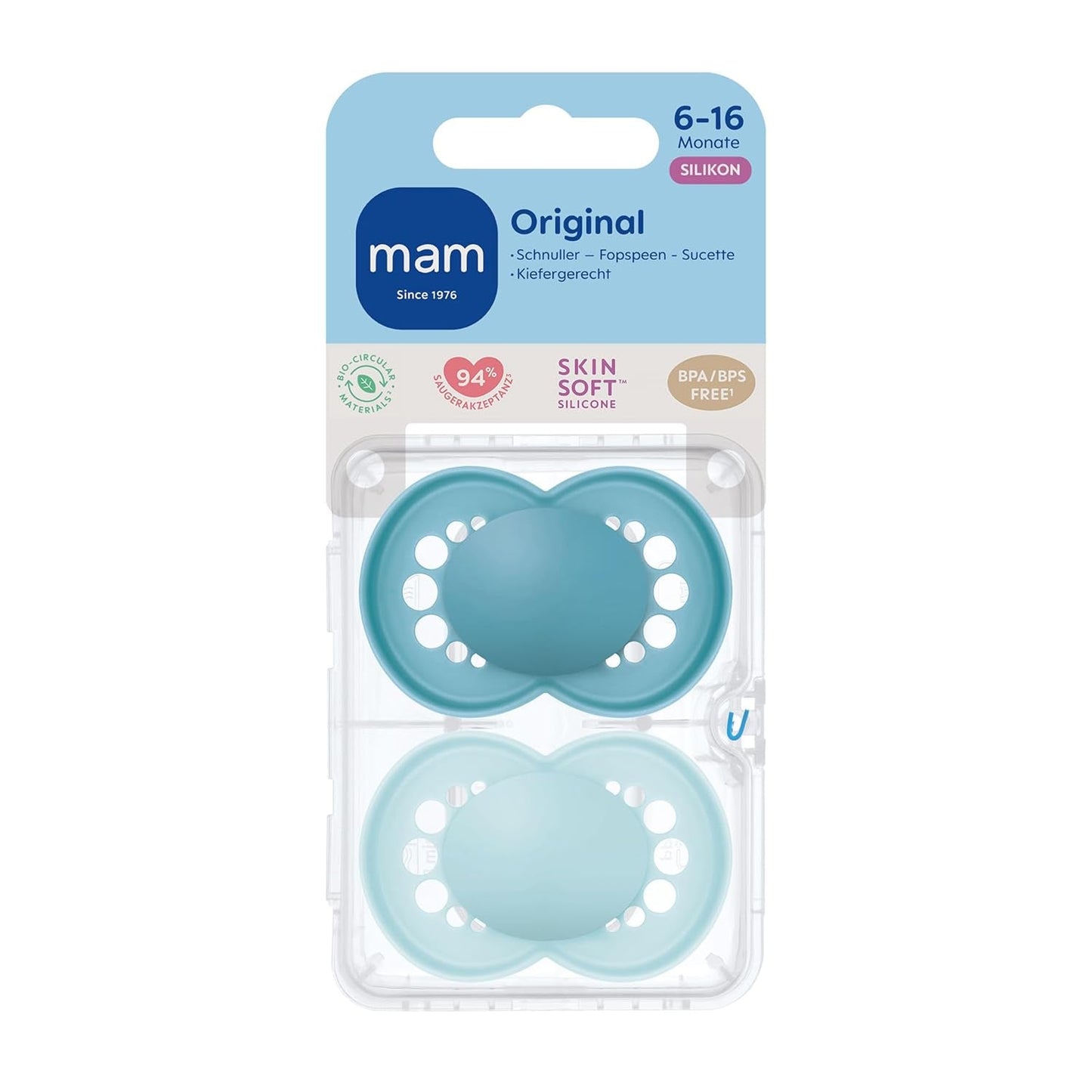 MAM Original Schnuller, 2er-Pack, zahnfreundliche Babyschnuller, aus nachhaltigen und bioregenerierbaren Materialien, MAM SkinSoft Silikonsauger, mit Schnullerbox, 6-16 Monate, Blau/Hellblau