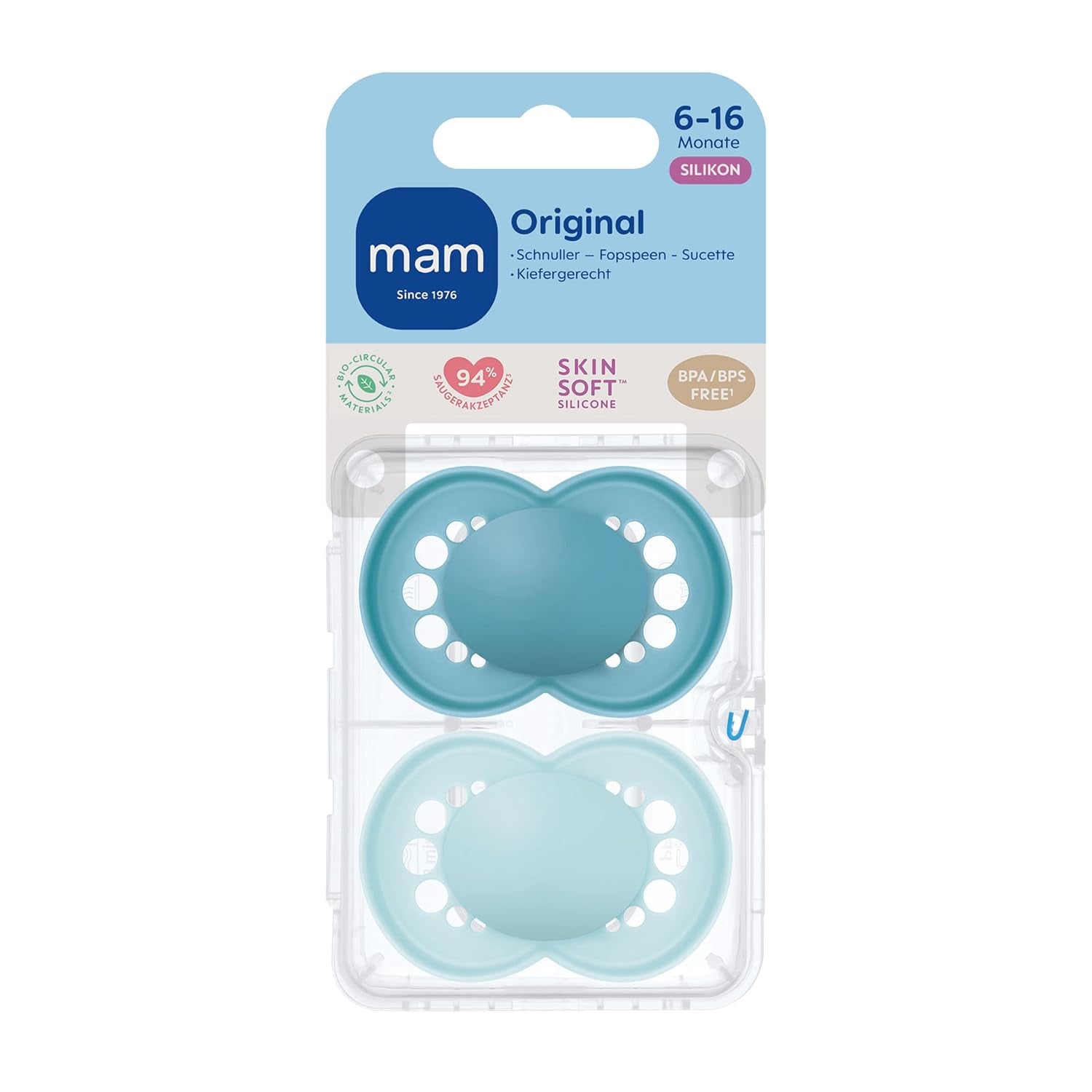MAM Original Schnuller, 2er-Pack, zahnfreundliche Babyschnuller, aus nachhaltigen und bioregenerierbaren Materialien, MAM SkinSoft Silikonsauger, mit Schnullerbox, 6-16 Monate, Blau/Hellblau