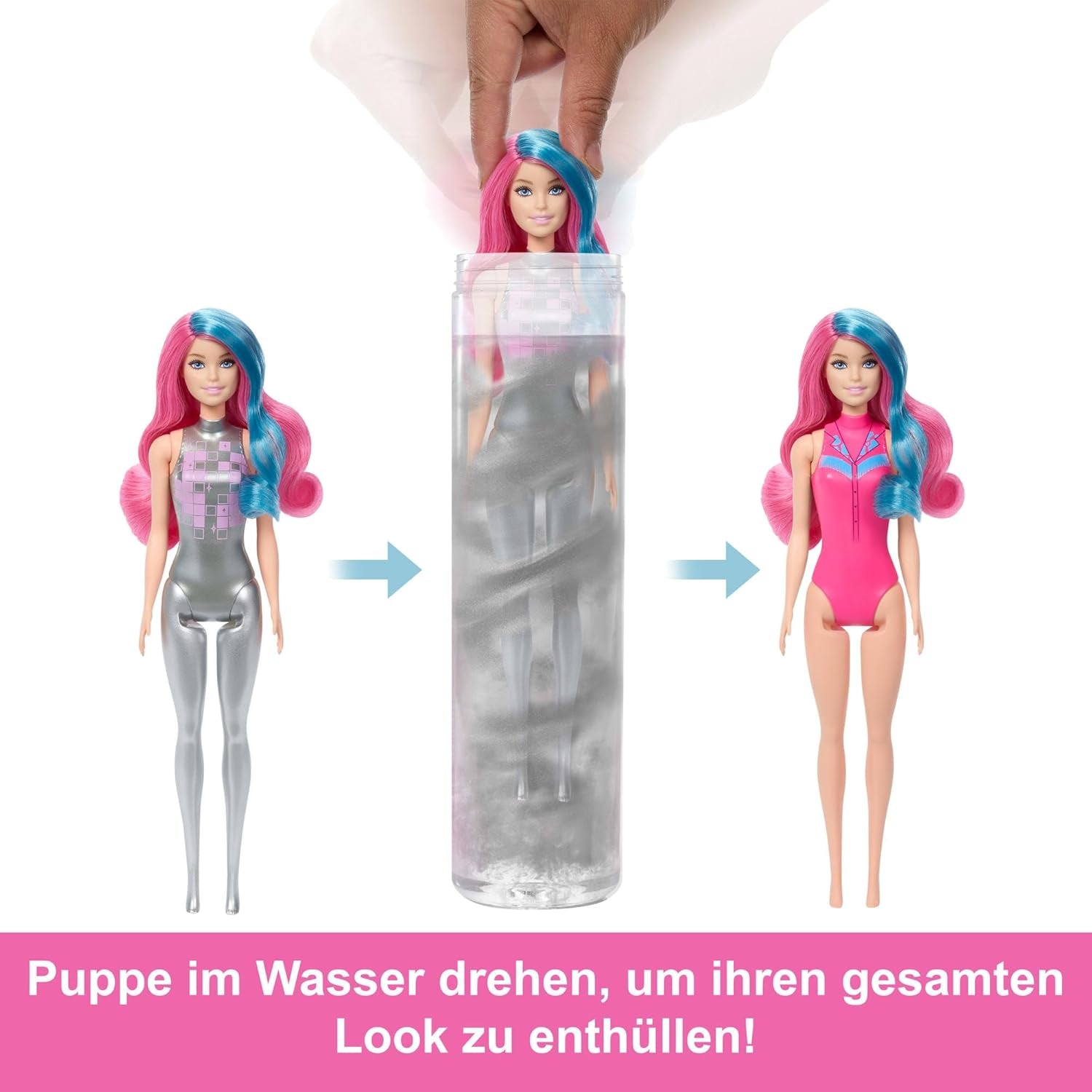 Barbie Color Reveal Modepuppe und Zubehör mit 6 Überraschungen, Disco Star-Serie mit metallischem Glitzer und farbwechselndem Oberteil (Stile können variieren), JCP01 Naty Shop-Puppen