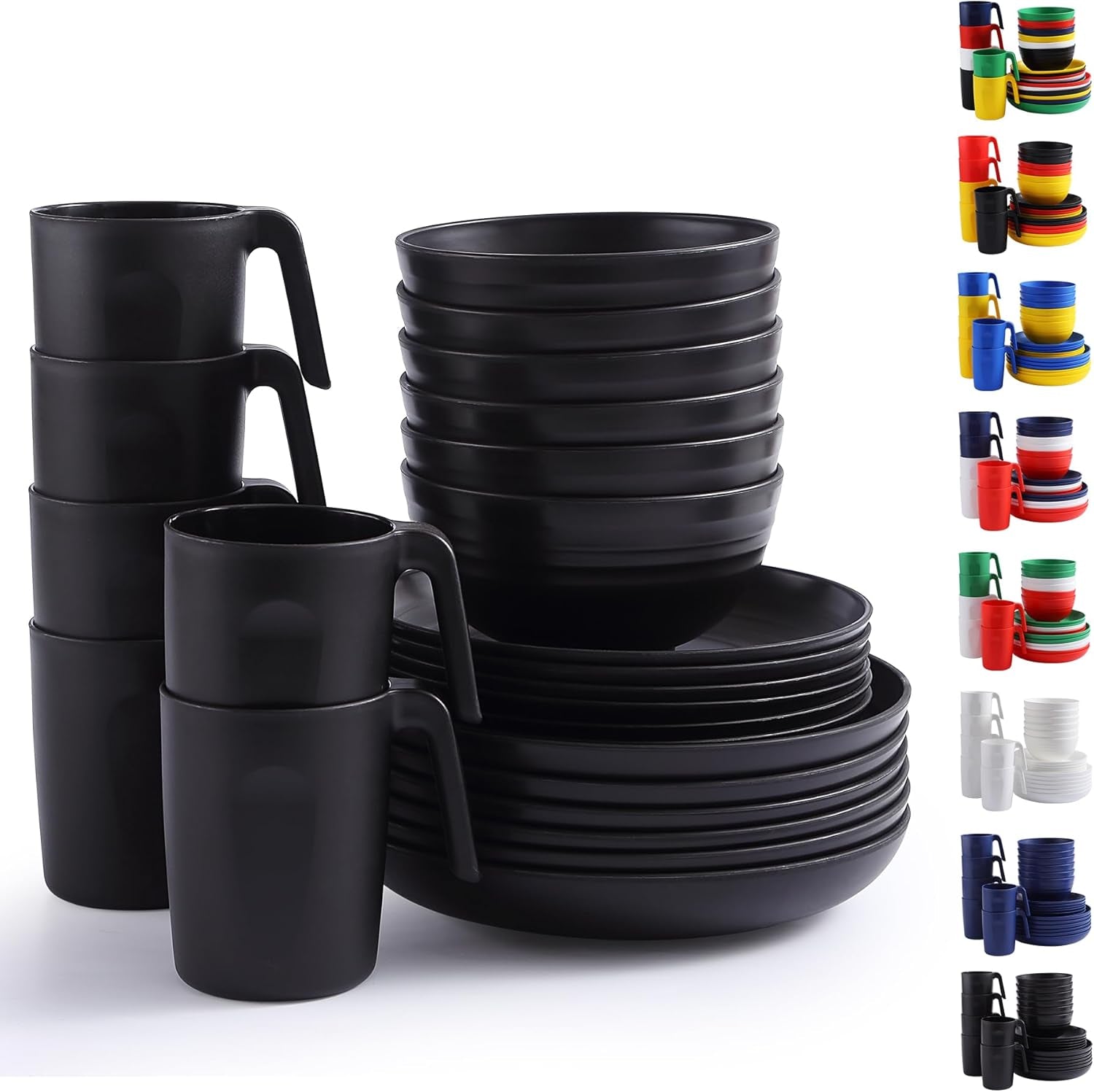 Berglander 24-teiliges Geschirrset aus schwarzem Kunststoff für 6 wiederverwendbare Teller und Schüsseln, einschließlich Speiseteller, Dessertteller, Müslischalen und Tassen für Zuhause, Garten und Picknicks
