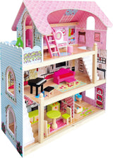 Bino World of Toys Puppenhaus mit Balkon, Spielzeug für Kleinkinder ab 3 Jahren, mit 3 Etagen, Treppen, 4 Zimmern und Balkon inkl. 15-TLG. Zubehör, Zur Förderung der Fähigkeiten von Kindern, Puppenhäuser im rosa Design von Naty Shop