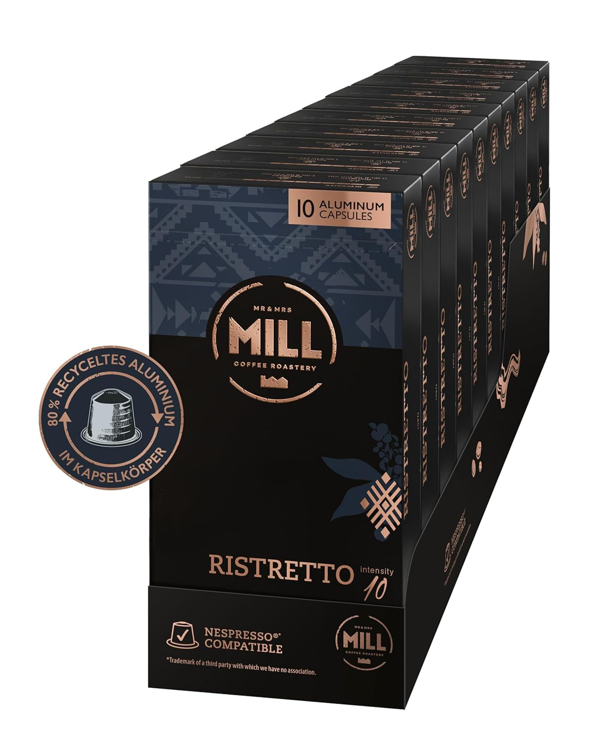 Kaffeekapseln Ristretto, 100 Kapseln für Kapselmaschinen (10x10), 80 % recyceltes Aluminium im Kapselkörper