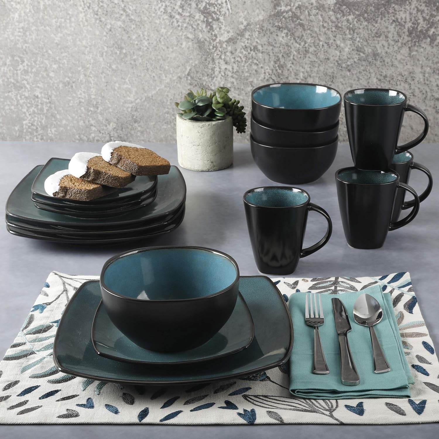 Gibson 99813.16R Elite Soho Lounge Reactive Glaze 4-Personen-Geschirrset, 16-teilig, Blau-Grün/Schwarz-Zweitoneffekt