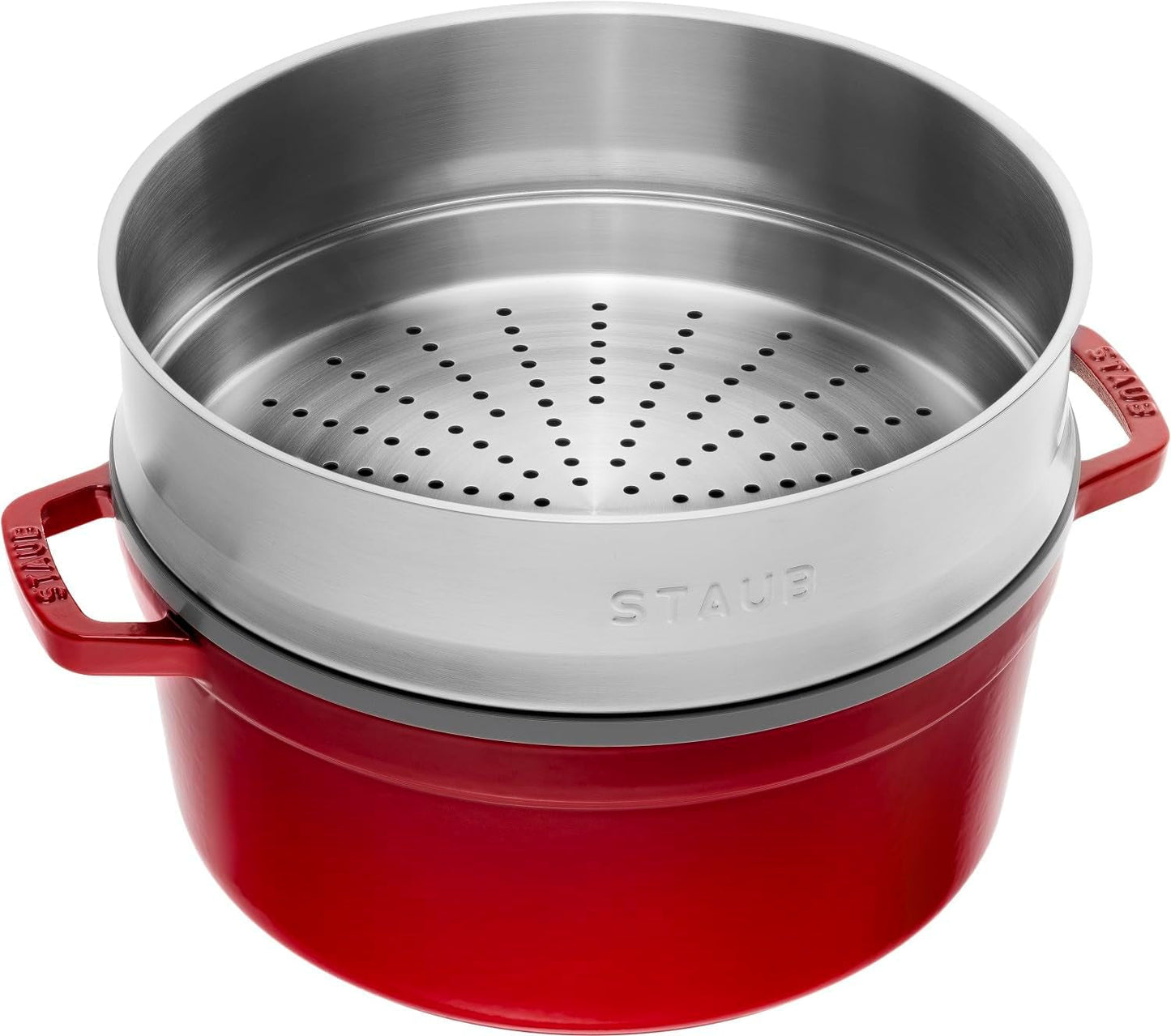 STAUB Gusseisen Bräter/Cocotte, Mit Dämpfeinsatz Aus Edelstahl, Rund 26 Cm, 5,2 L, Aromaregen Funktion Für Optimale Befeuchtung, Für Alle Herdarten Inkl. Induktion & Backofen, Kirschrot, Rot Formen und Backbleche zum Backen Naty Shop