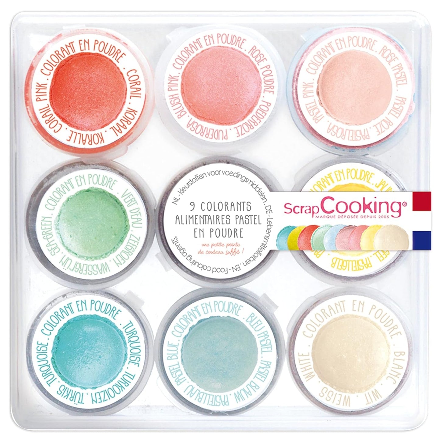 Scrapcooking – Set mit 9 pastellfarbenen Lebensmittelfarben – Blau, Gelb, Koralle, Rosa, Türkis, Limettengrün, Weiß, Aquagrün, Puderrosa – Essbares Farbpulver für Kuchen, Muffins, Macarons – 4272