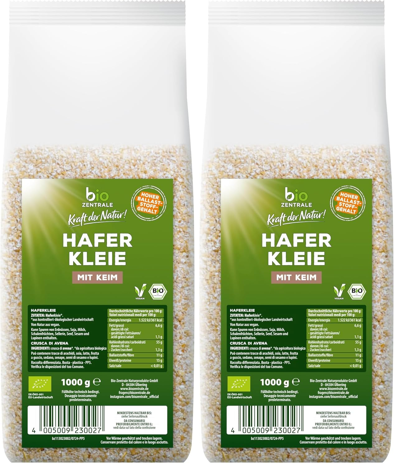 Biozentrale Bio-Haferkleie 1 kg | Vorteilhaftes Paket | Proteinquelle mit hohem Ballaststoffgehalt | Natürlich vegan | Aus der EU-Landwirtschaft | Niedriger Zuckergehalt
