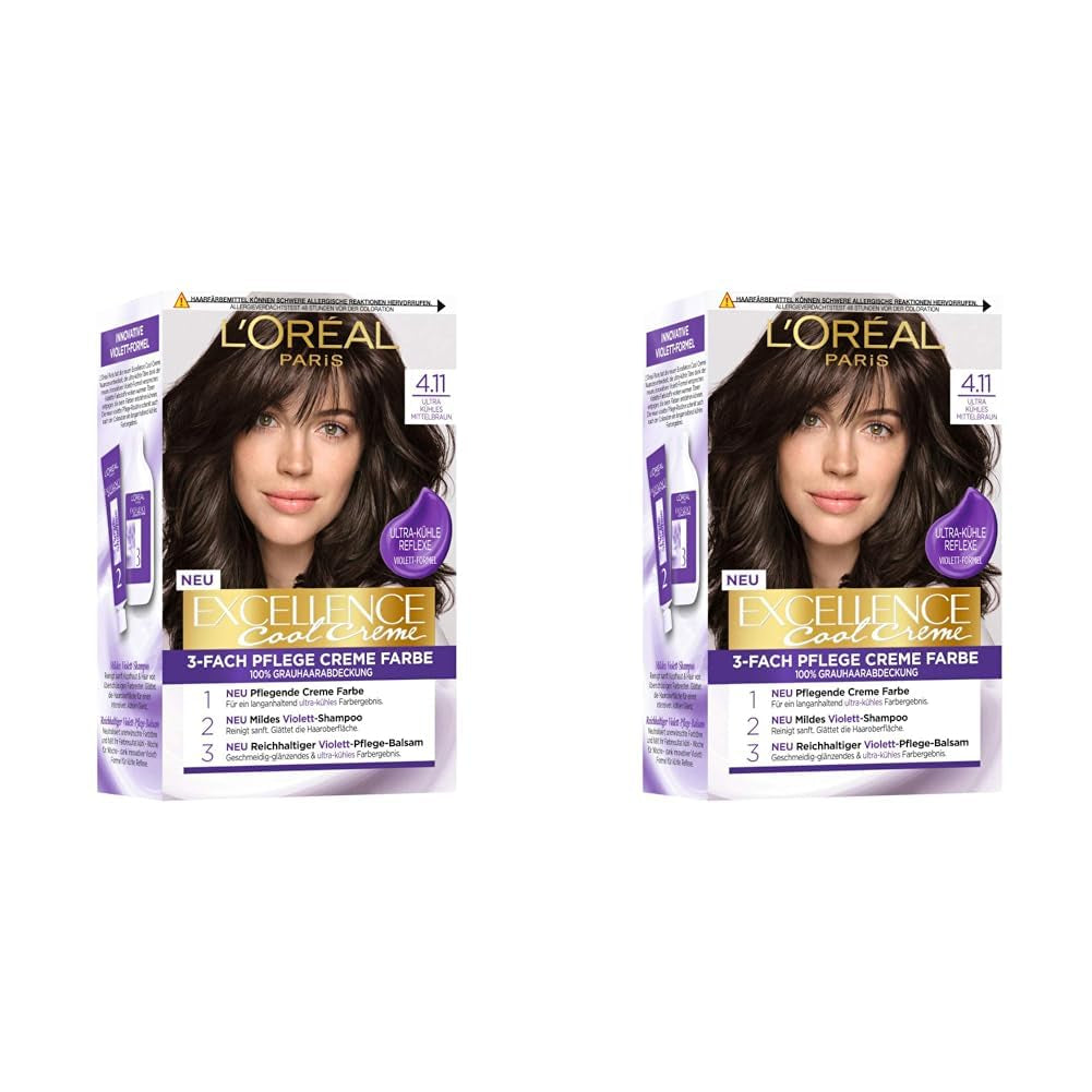 L'Oréal Paris Permanente Haartönung mit Farbergebnis, 100 % Abdeckung grauer Haare, Set mit Coloration, Shampoo und Pflegecreme, Excellence Cool Creme, Nr. 4.11 Ultra Cool Medium Brown (Braun) Naty Shop Haarfarbe Standardtitel