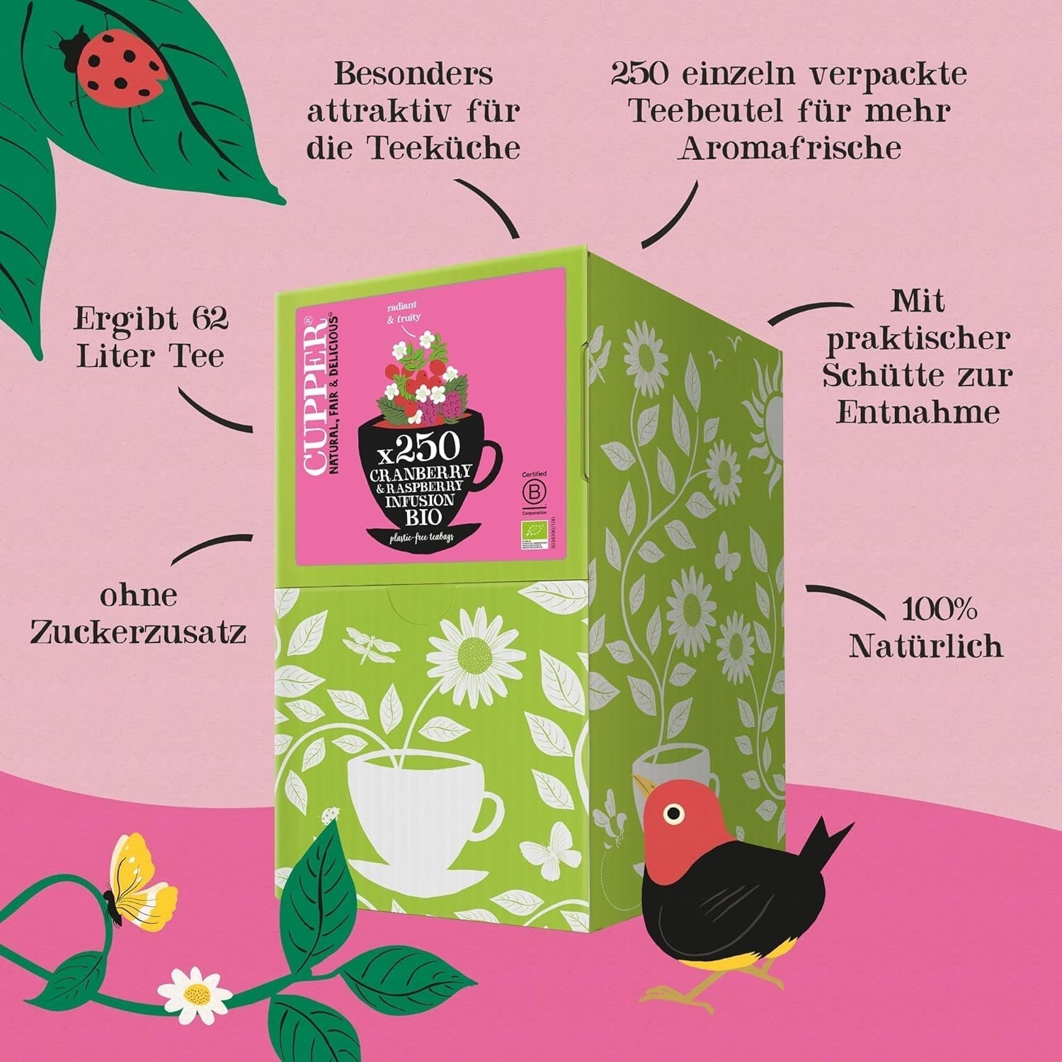 Cupper Bio-Früchtetee Cranberry Himbeere | Himbeertee | 250 ungebleichte Teebeutel | Großpackung | Perfekt fürs Büro | Ökologisch | Fairer Handel
