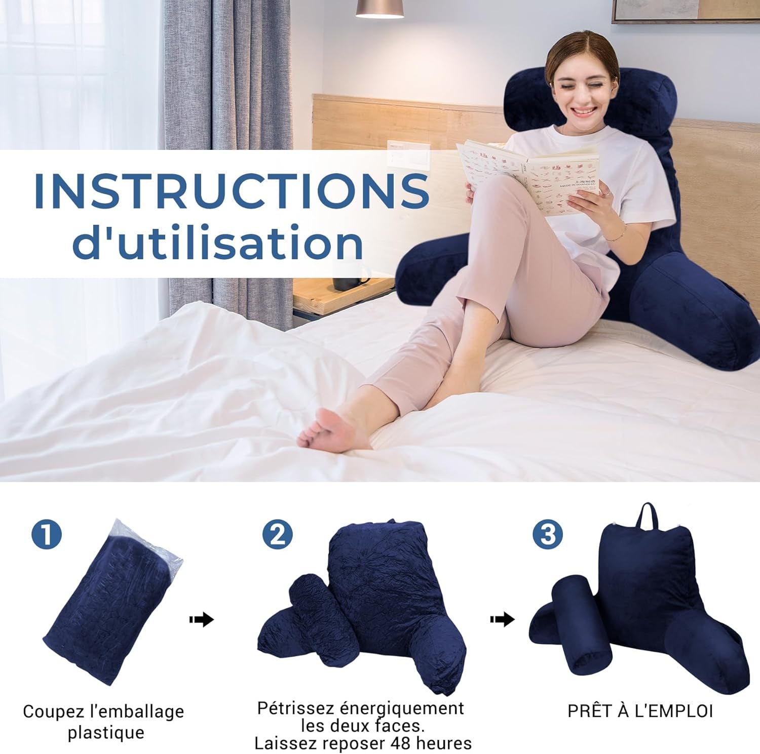 INFANZIA Lesekissen mit Armlehnen, Memory-Schaum, ergonomische Unterstützung für Sofa und Bett, Marineblau