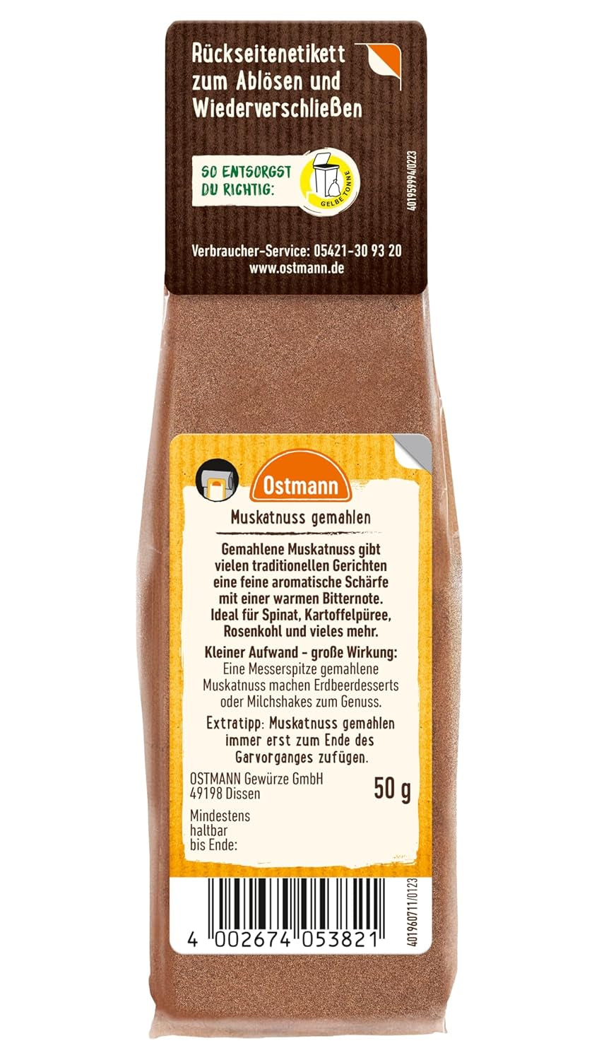 Ostmann Gewürze - Muskatnuss gemahlen | Ideal zum Würzen von Kartoffelgerichten. Zum Nachfüllen der Streudose | 50 g wiederverschließbarer Beutel