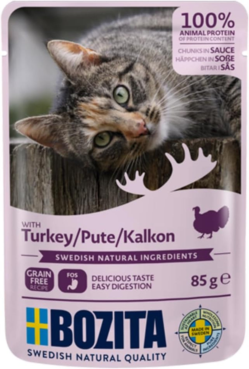 Bozita Pouch Nassfutter Häppchen in Sauce mit Huhn - 12x85g Portionsbeutel getreidefreies & weizenfreies Futter für Katzen - Katzennassfutter für erwachsene Katzen mit 8,5% Protein & 4,5% Fettgehalt