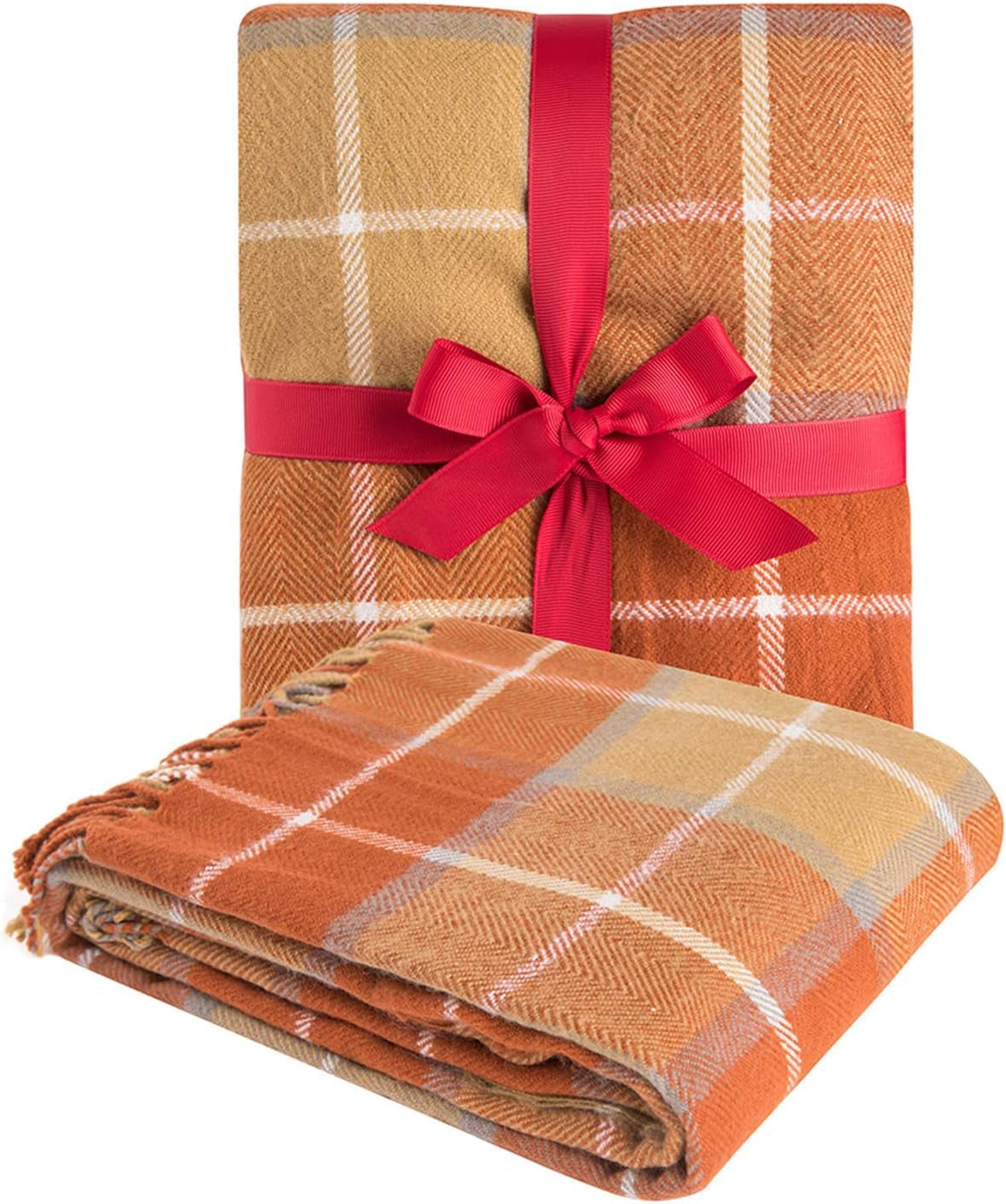 G Lake Orange Plaid-Decke, Überwurf, Acryl, weich, wendbar, Tagesdecke mit farbigen Fransen, Geschenk für Weihnachtsdekorationen, 127 cm B x 170,2 cm, L-Pumpkin Orange, Betten und Decken, G Lake Orange Pumpkin, 50 Zoll x 67 Zoll