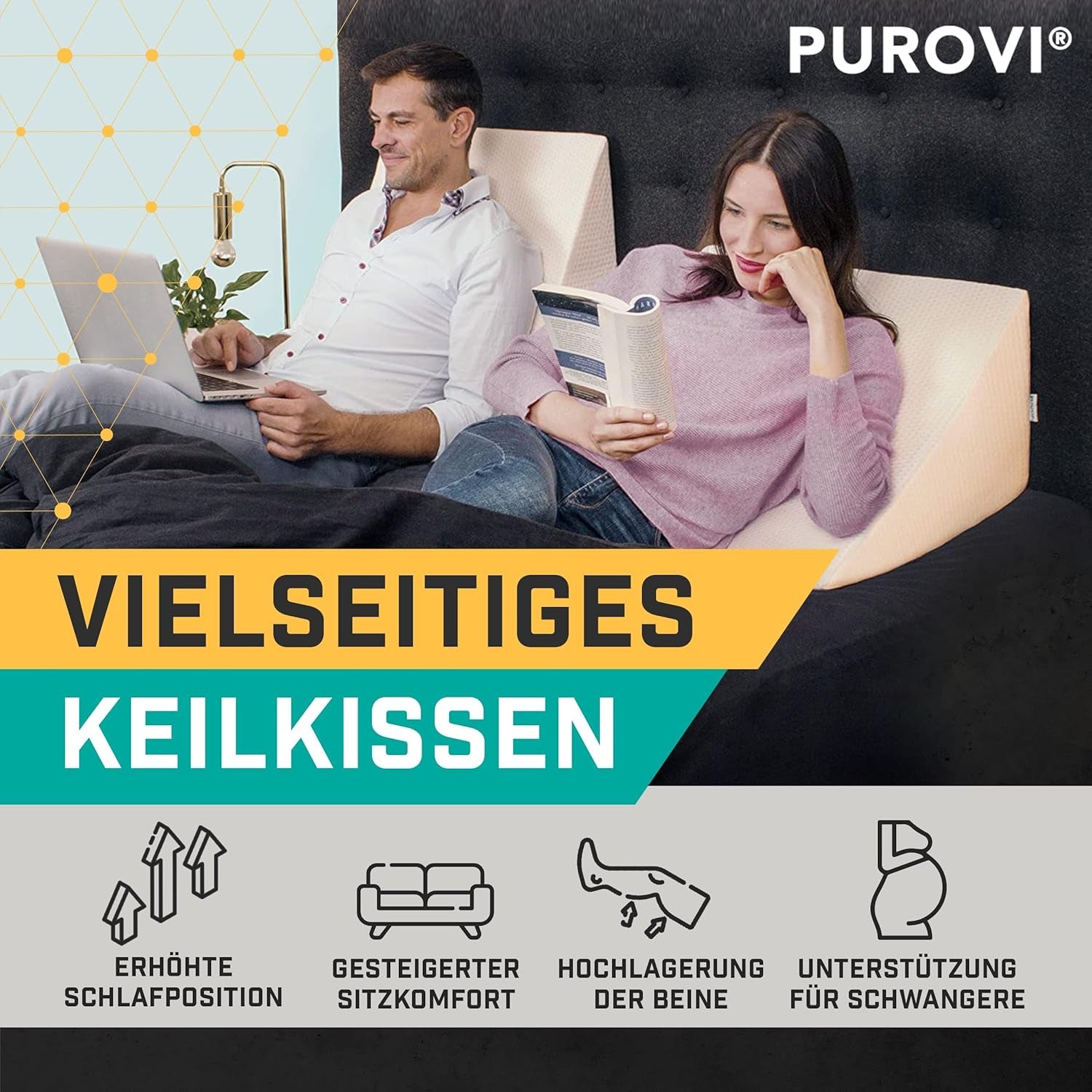 Keilkissen für Bett und Sofa – Ideal als Lesekissen, Rücken im Bett oder zum Hochlegen der Beine – Formstabiler Schaumstoff – Bezug waschbar