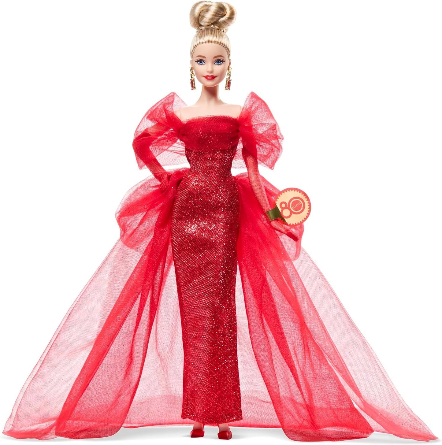 Barbie Signature-Puppe zum 80-jährigen Jubiläum von Mattel, Sammlerfigur in funkelndem roten Tüllkleid mit tropfenförmigen Ohrringen und zarten Handschuhen, blondes Haar, JBJ17