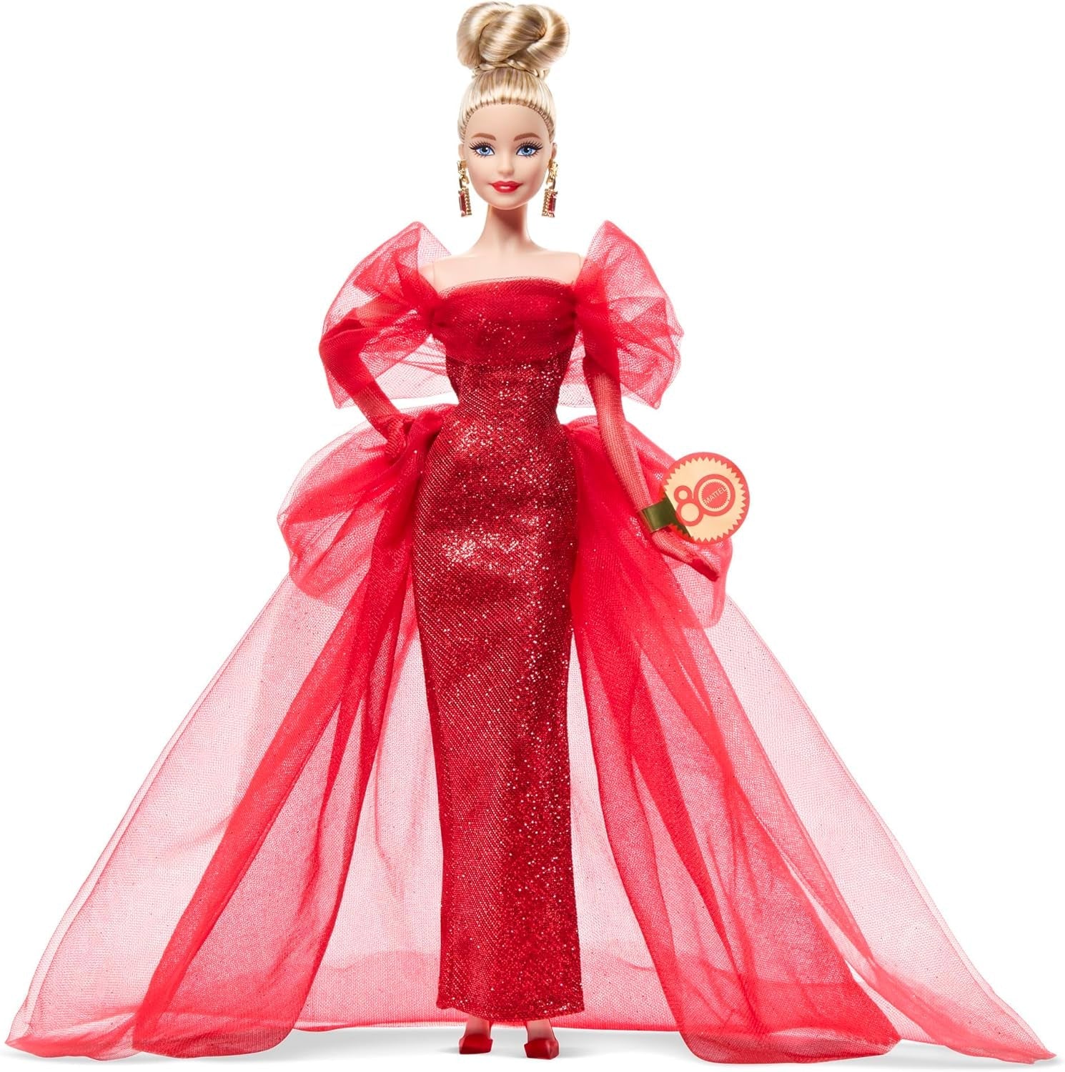 Barbie Signature-Puppe zum 80-jährigen Jubiläum von Mattel, Sammlerfigur in funkelndem roten Tüllkleid mit tropfenförmigen Ohrringen und zarten Handschuhen, blondes Haar, JBJ17