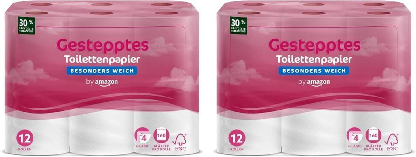 Von Amazon Toilettenpapier, 4-lagig gesteppt, extra weich, 48 Rollen (12 Rollen, 4er-Pack), 160 Blatt pro Rolle, FSC-zertifiziert
