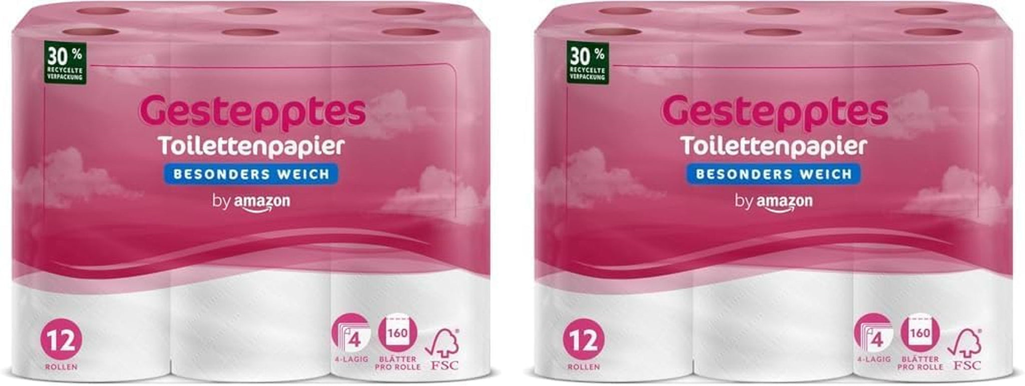 Von Amazon Toilettenpapier, 4-lagig gesteppt, extra weich, 48 Rollen (12 Rollen, 4er-Pack), 160 Blatt pro Rolle, FSC-zertifiziert