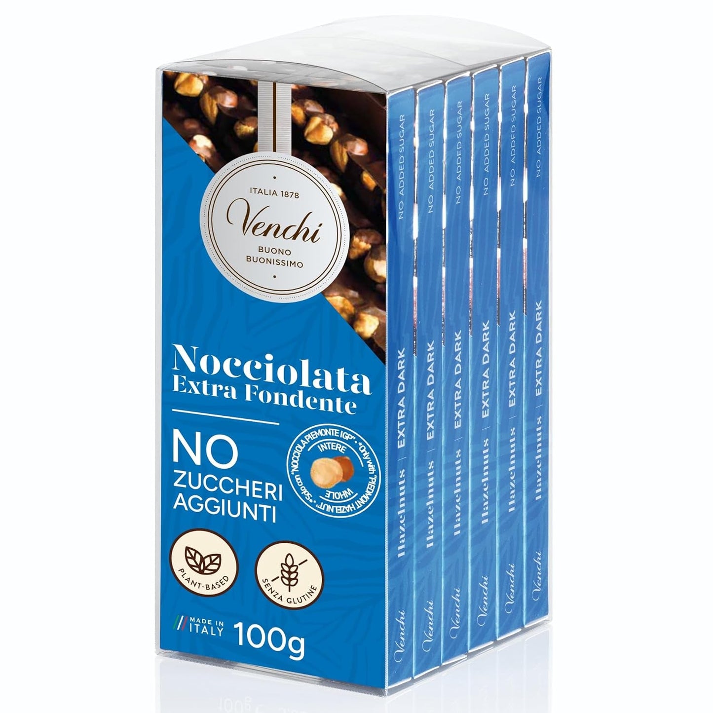 Venchi – Packung mit 6 Tafeln dunkler Schokolade mit Haselnüssen, 600 g – Ohne Zuckerzusatz – Ohne künstliche Süßstoffe – Glutenfrei – Vegan – Geschenkidee