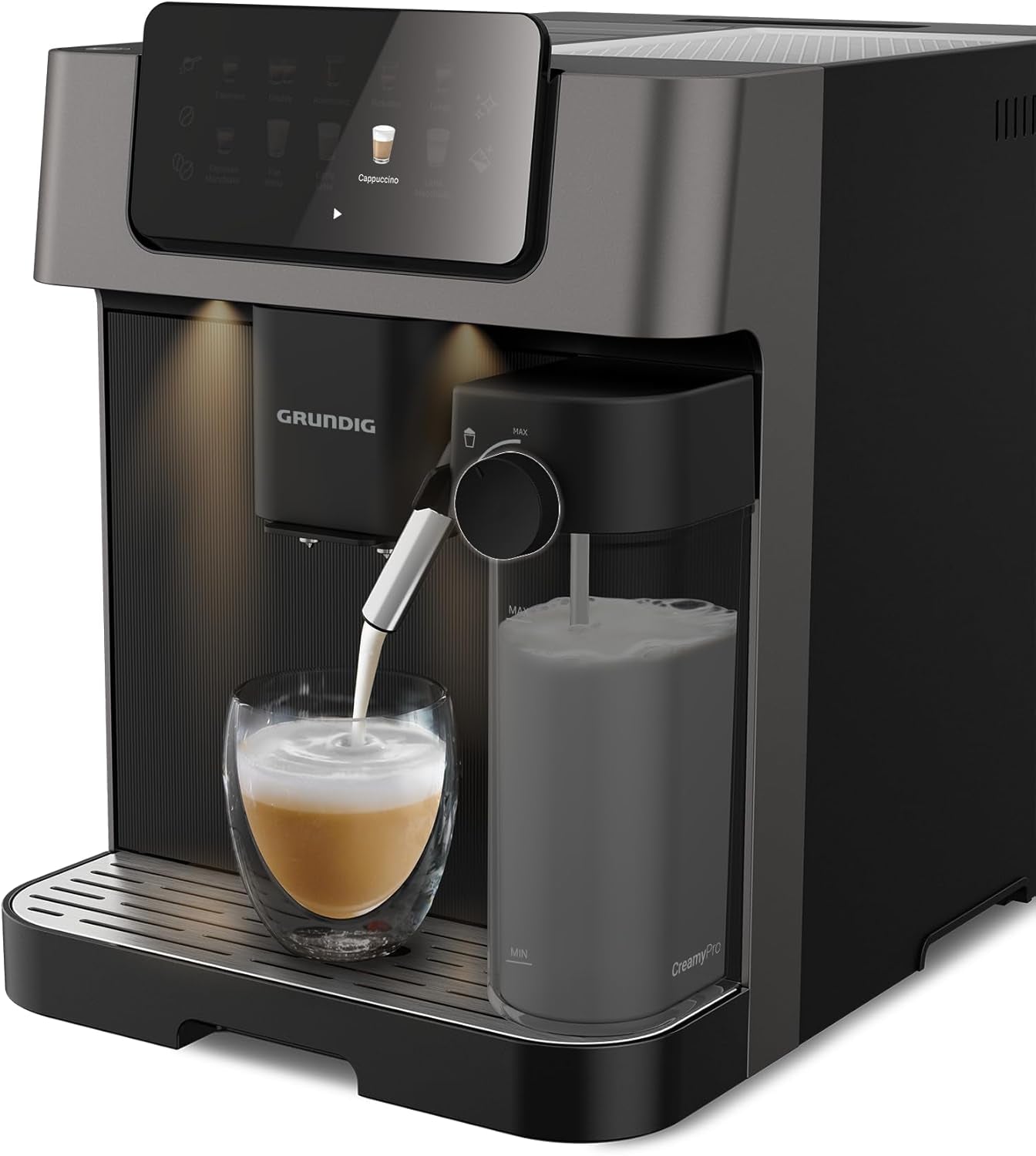 GRUNDIG KVA 6230 Espressovollautomat mit Milchaufschäumer, Edelstahlmahlwerk mit 13 Mahlstufen, Bohnenbehälter 250 g, abnehmbarer Wassertank 2 Liter, Pumpendruck 19 bar, Touch-Display, schwarz