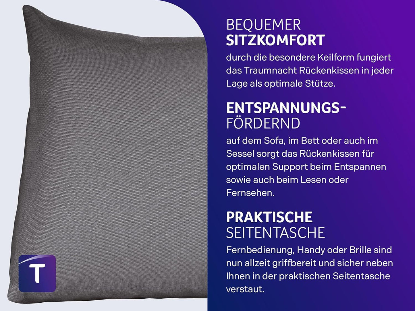 Lesekissen Traumnacht Kuscheliges Rückenkissen, 70 x 40 cm dunkelgrau, abnehmbarer und waschbarer Bezug aus 100 % Polyester, praktische Seitentasche, Öko-Tex zertifiziert, nach deutschen Qualitätsstandards produziert