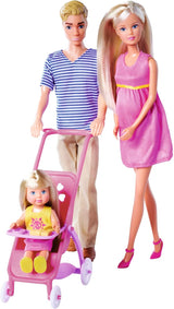 Simba 105733673 - Steffi Love Happy Family, Schwangere Puppe, Kevin, Evi und Baby mit Kinderwagen, 11 Teile, Zubehör, 30 cm, ab 3 Jahren