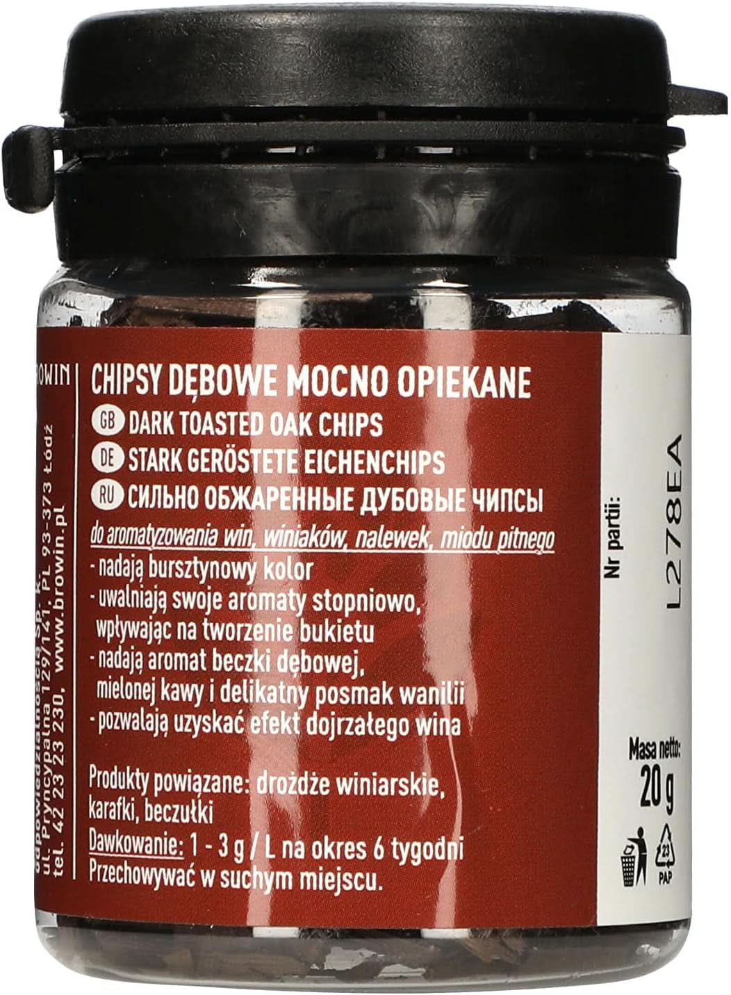 Browin Stark geröstete Eichenchips 20 g – Flocken, feine Eichenstäbchen zum Aromatisieren von Alkohol, braune Naty Shop-Aromen 20 g stark geröstet – Flocken