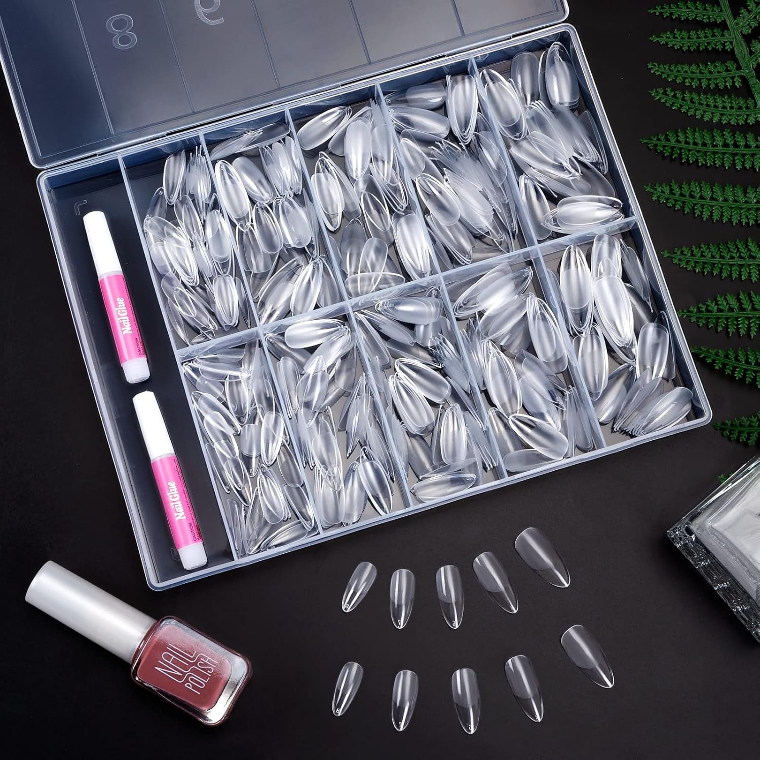 Becellen 500 Stück künstliche Nagelspitzen, weiche Gel-Nagelspitzen, vollständige Abdeckung, Gel-Nagelspitzen, vorpolierte künstliche Nägel, DIY-Nagelkunst-Kleber-Set (Mandeln)