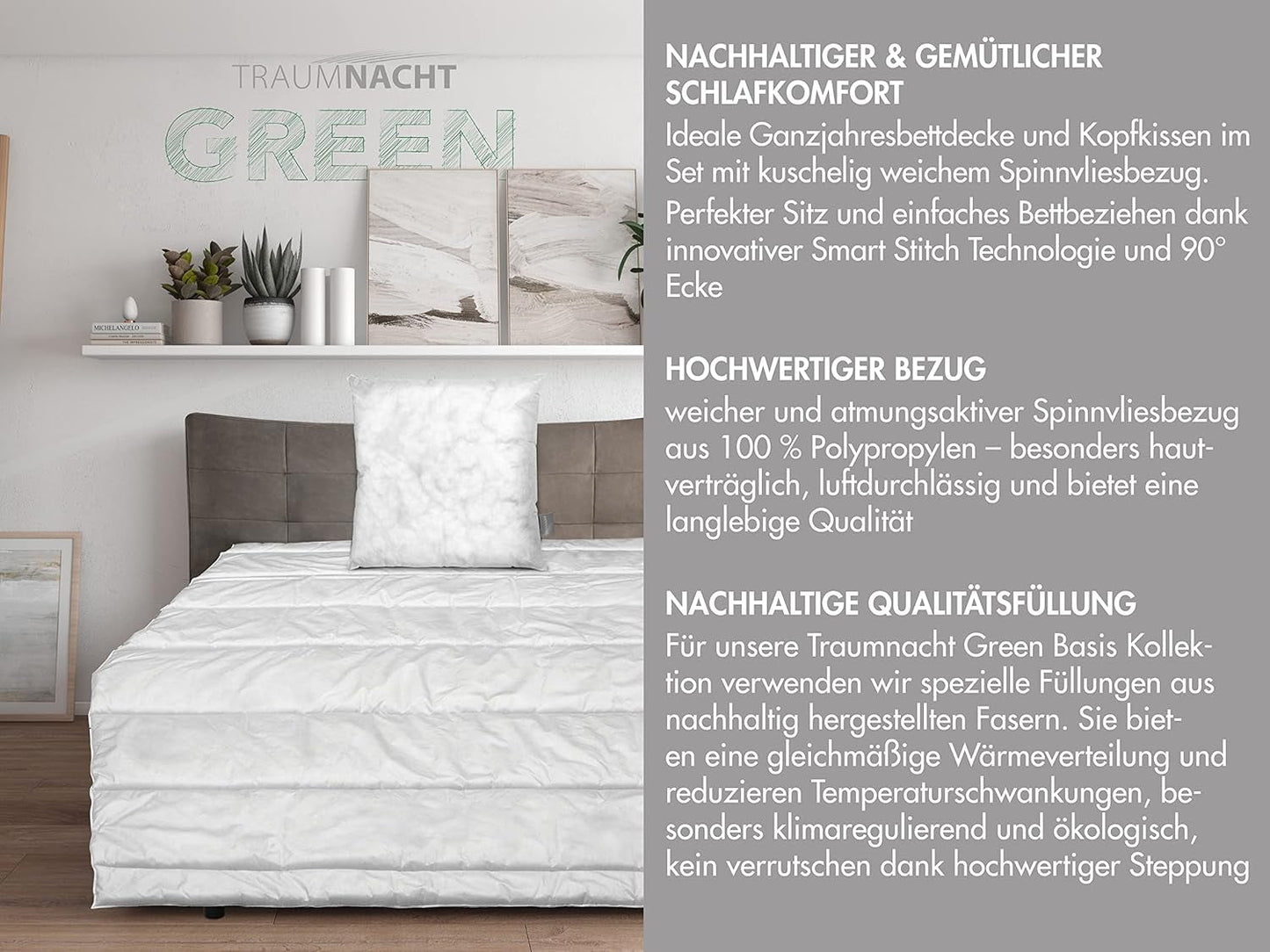 Traumnacht Green Basic-Bettwäscheset bestehend aus einer Steppdecke für das ganze Jahr, 135 x 200 cm + Kissen 80 x 80 cm, Öko-Tex-zertifiziert, hergestellt nach dem deutschen Qualitätsstandard Quilts und Quilts Naty Shop