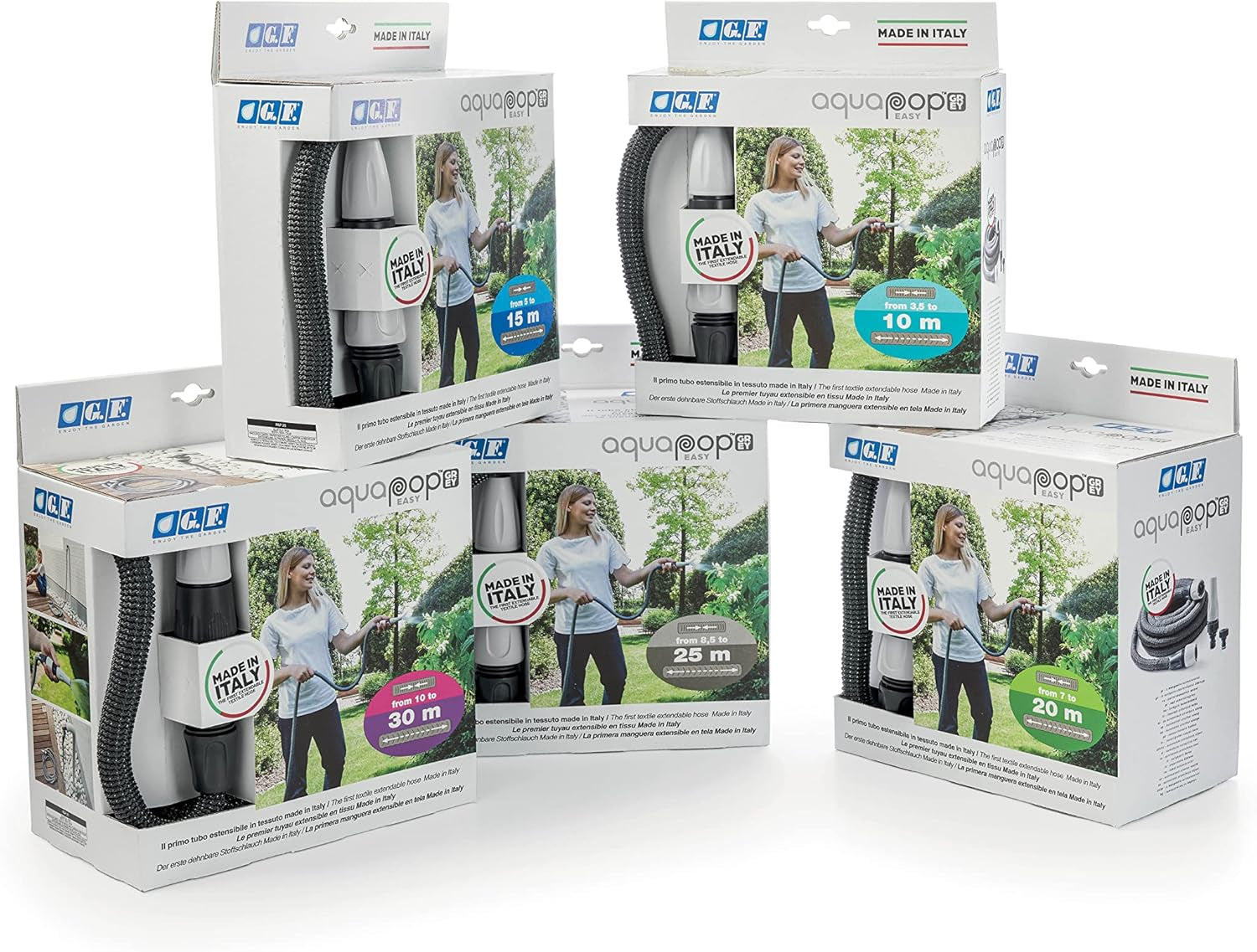 GF SRL, Aquapop Grey Easy 10, 10 Meter selbstverlängernder geflochtener Schlauch, hergestellt in Italien, mit Mini-Gartensprüher und Anschlüssen für die Gartenbewässerung, dunkelgrau