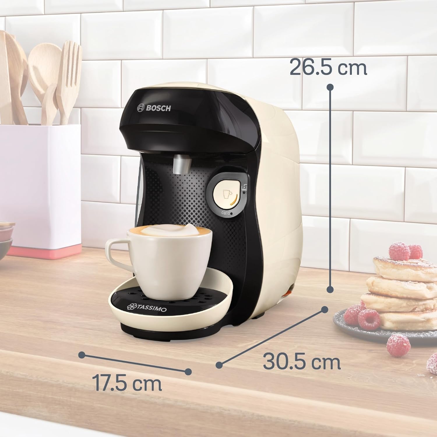 Bosch Tassimo Happy Friendly TAS107E Kapsel-Espressomaschine, 70+ Getränke, für alle Tassen geeignet, Auto-Stop, nachhaltig, perfekte Dosierung, platzsparend, 1400 W, Creme/Schwarz