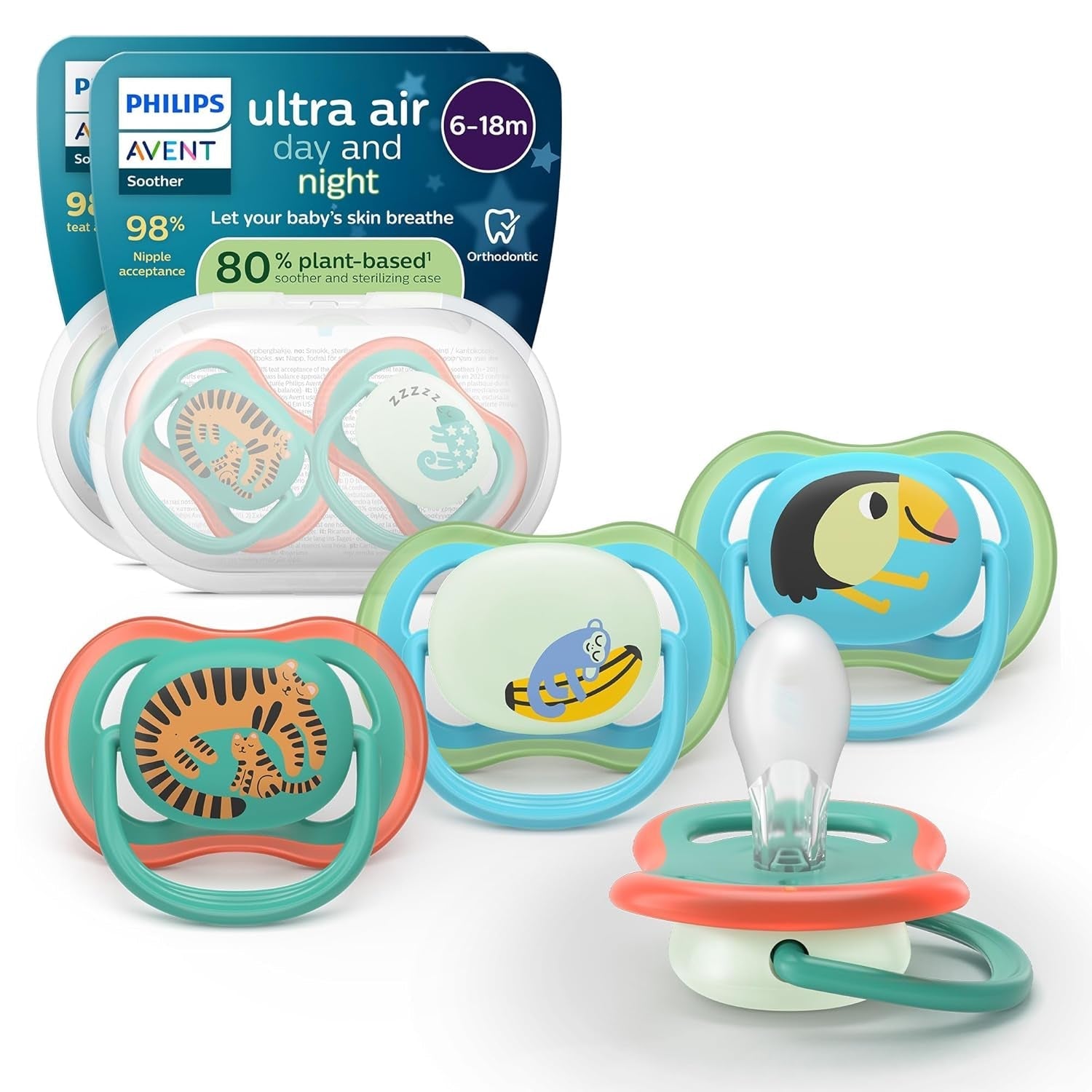 Philips AVENT Ultra Air-Schnuller – 4er-Pack BPA-freie, atmungsaktive Schnuller für Babys von 6–18 Monaten, inklusive Tragetasche und Sterilisation, Schildkröten-/Wal-Muster (Modell SCF085/66)