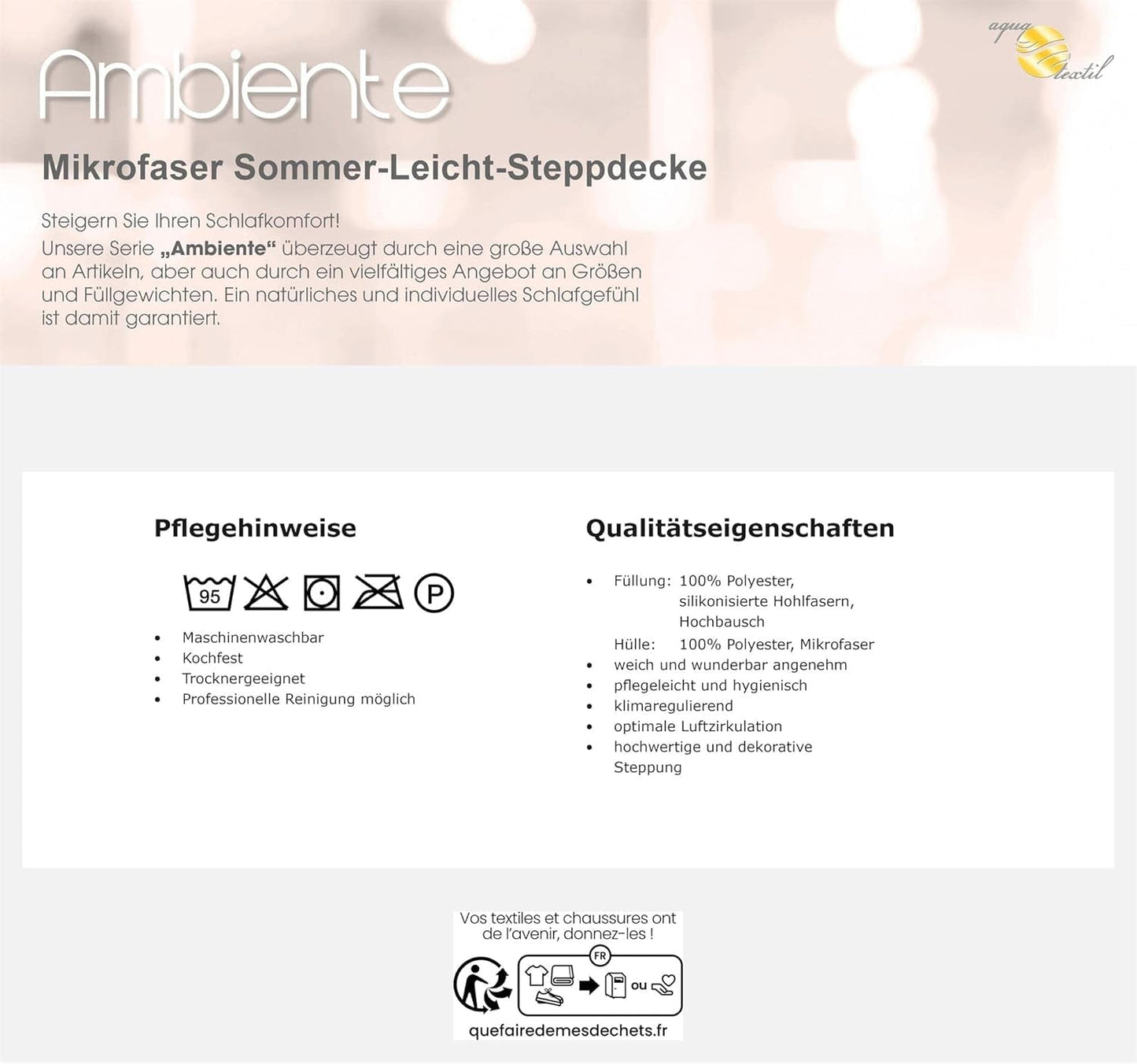 Ambiente Sommerlichtdecke 220 x 240 cm Mikrofaserdecke atmungsaktiv Winter Sommer Steppdecken und Steppdecken Naty Shop