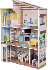 Olivia's Little World Modernes, dreistöckiges interaktives Puppenhaus aus Holz im mediterranen Stil für Kinder mit 17 Puppenmöbelzubehör, mehrfarbig, TD-13551B