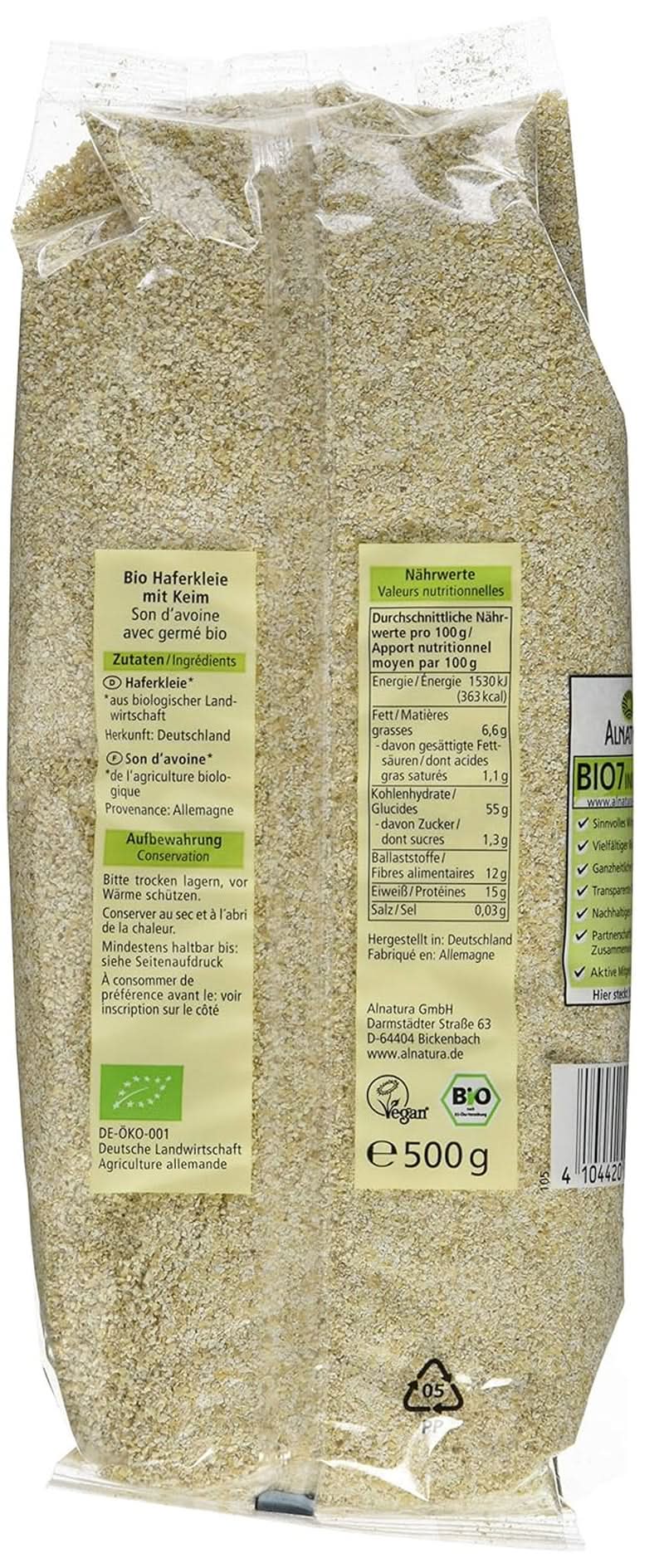 Bio-Haferkleie mit Sprossen, 500 Gramm Cereale Naty Shop