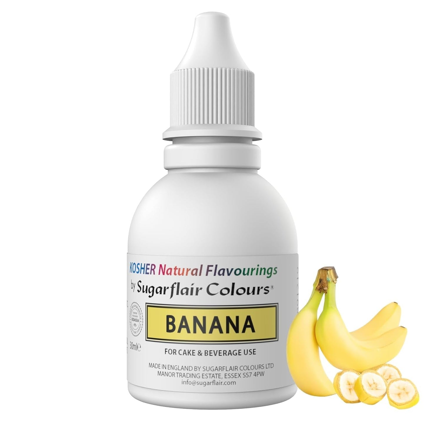 Sugarflair Kosher Banana Natural Food Flavour Intensive Geschmackstropfen für Kuchen, Muffins, Zuckerguss, Getränke, Eiscreme – 100 % natürliches Aroma – 30 ml